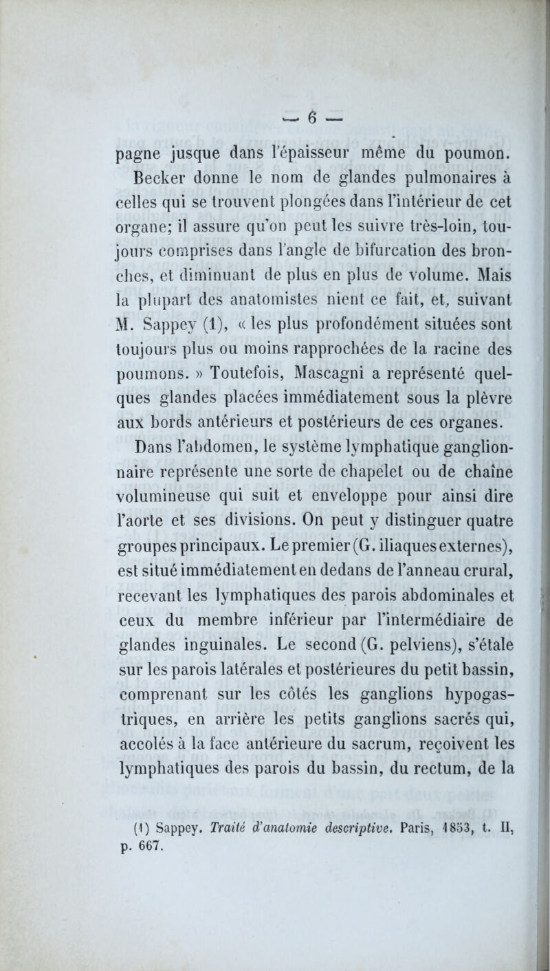 pagne jusque dans l’épaisseur même du poumon. Becker donne le nom de glandes pulmonaires à celles qui se trouvent plongées dans l’intérieur de cet organe; il assure qu’on peut les suivre très-loin, tou- jours comprises dans l’angle de bifurcation des bron- ches, et diminuant de plus en plus de volume. Mais la plupart des anatomistes nient ce fait, et, suivant M. Sappey (1), « les plus profondément situées sont toujours plus ou moins rapprochées de la racine des poumons. » Toutefois, Mascagni a représenté quel- ques glandes placées immédiatement sous la plèvre aux bords antérieurs et postérieurs de ces organes. Dans l’abdomen, le système lymphatique ganglion- naire représente une sorte de chapelet ou de chaîne volumineuse qui suit et enveloppe pour ainsi dire l’aorte et ses divisions. On peut y distinguer quatre groupes principaux. Le premier (G. iliaques externes), est situé immédiatement en dedans de l’anneau crural, recevant les lymphatiques des parois abdominales et ceux du membre inférieur par l’intermédiaire de glandes inguinales. Le second (G. pelviens), s’étale sur les parois latérales et postérieures du petit bassin, comprenant sur les côtés les ganglions hypogas- triques, en arrière les petits ganglions sacrés qui, accolés à la face antérieure du sacrum, reçoivent les lymphatiques des parois du bassin, du rectum, de la (1) Sappey. Traité d’anatomie descriptive. Paris, 1853, t. II, p. 667.