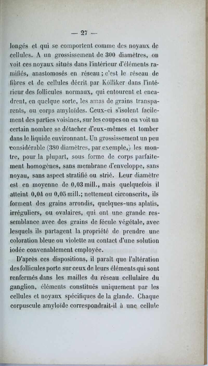 longés et qui se comportent comme des noyaux de cellules. A un grossissement de 300 diamètres, on voit ces noyaux situés dans l'intérieur d’éléments ra- mifiés, anastomosés en réseau ; c’est le réseau de fibres et de cellules décrit par Kôlliker dans l’inté- rieur des follicules normaux, qui entourent et enca- drent, en quelque sorte, les amas de grains transpa- rents, ou corps amyloïdes. Ceux-ci s’isolent facile- ment des parties voisines, sur les coupes on en voit un certain nombre se détacher d’eux-mêmes et tomber dans le liquide environnant. Un grossissement un peu considérable (380 diamètres, par exemple,) les mon- tre, pour la plupart, sous forme de corps parfaite- ment homogènes, sans membrane d’enveloppe, sans noyau, sans aspect stratifié ou strié. Leur diamètre est en moyenne de 0,03 mill., mais quelquefois il atteint 0,04 ou 0,05 mill.; nettement circonscrits, ils forment des grains arrondis, quelques-uns aplatis, irréguliers, ou ovalaires, qui ont une grande res- semblance avec des grains de fécule végétale, avec lesquels ils partagent la propriété de prendre une coloration bleue ou violette au contact d’une solution iodée convenablement employée. D’après ces dispositions, il paraît que l’altération des follicules porte sur ceux de leurs éléments qui sont renfermés dans les mailles du réseau cellulaire du ganglion, éléments constitués uniquement par les cellules et noyaux spécifiques de la glande. Chaque corpuscule amyloïde correspondrait-il à une cellule