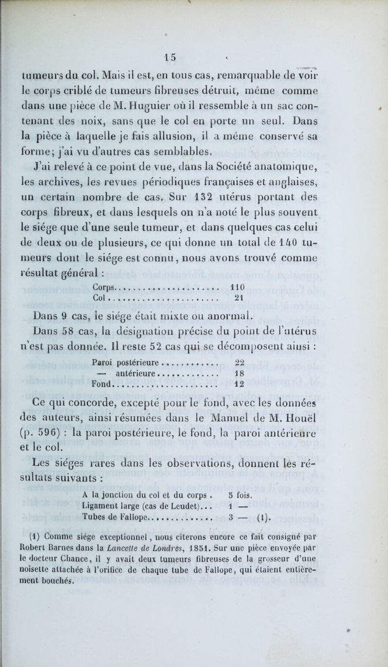 tumeurs du col. Mais il est, en tous cas, remarquable de voir le corps criblé de tumeurs fibreuses détruit, même comme dans une pièce de M. Huguier où il ressemble à un sac con- tenant des noix, sans que le col en porte un seul. Dans la pièce à laquelle je fais allusion, il a même conservé sa forme; j’ai vu d’autres cas semblables. J’ai relevé à ce point de vue, dans la Société anatomique, les archives, les revues périodiques françaises et anglaises, un certain nombre de cas. Sur 132 utérus portant des corps fibreux, et dans lesquels on n’a noté le plus souvent le siège que d’une seule tumeur, et dans quelques cas celui de deux ou de plusieurs, ce qui donne un total de 140 tu- meurs dont le siège est connu, nous avons trouvé comme résultat général : Corps. 110 Col 21 Dans 9 cas, le siège était mixte ou anormal. Dans 58 cas, la désignation précise du point de l’utérus n’est pas donnée. Il reste 52 cas qui se décomposent ainsi : Paroi postérieure 22 — antérieure 18 Fond 12 Ce qui concorde, excepté pour le fond, avec les données des auteurs, ainsi résumées dans le Manuel de M. Houël (p. 596) : la paroi postérieure, le fond, la paroi antérieure et le col. Les sièges rares dans les observations, donnent les ré» sultats suivants : A la jonction du col et du corps. 5 fois. Ligament large (cas de Leudet)... 1 — Tubes de Fallope 3 — (l). (1) Comme siège exceptionnel, nous citerons encore ce fait consigné par Robert Barnes dans la Lancette de Londres, 1851. Sur une pièce envoyée par le docteur Chance, il y avait deux tumeurs fibreuses de la grosseur d’une noisette attachée à l’orifice de chaque tube de Fallope, qui étaient entière- ment bouchés.