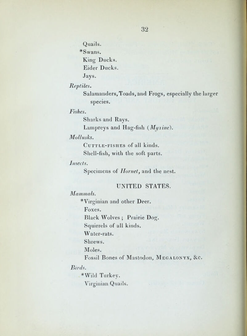 Quails. *Swans. King Ducks. Eider Ducks. Jays. Reptiles. Salamanders,Toads, and Frogs, especially the larger species. Fishes. Sharks and Rays. Lampreys and Hag-fish (Myxine). MoUusks. Cuttle-fishes of all kinds. Shell-fish, with the soft parts. Insects. Specimens of Hornet, and the nest. UNITED STATES. Mammals. ^Virginian and other Deer. Foxes. Black Wolves ; Prairie Dog. Squirrels of all kinds. Water-rats. Shrews. Moles. Fossil Bones of Mastodon, Megalonyx, &c. Birds. *Wild Turkey. Virginian Quails.