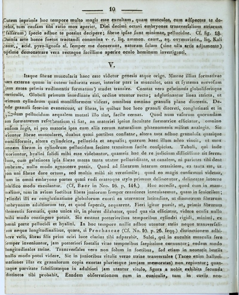 Cutem inprimis hoc lempore multo magis esse excultam, quaru musculos, cura adfpectus tc do- cebit, tum caufam tibi ratio mox aperiet. Diei decimi octavi embryones transverfalium striarum MalTarum) fpecie adhuc te possint decipere; fibrae ipfae /unt minimae, pellucidae. Cf. fig. 18. Omnia arte hosce foetus tractandi conamina v- c. liq, ammon. caust., aq. oxymuriatic., liq, Kali ,:aust., acid. pyro-Iignofo al, femper me docuerunt, naturam folam (sine ulla artis adjumento) optime demonstrare vera rectaque facillime aperire oculo hominum investiganti. y. < # m Itaque fibrae muscularis haec esse videtur genesis atque origo. Massae illius formativae >ars externa quum in cutem indurata esset, interior pars in musculos, ossa ct fystema nervofum ,jain antea primis rudimentis formatum) studet transire. Constat vero gelatinosis globuliferisque larticulis. Globuli primum inordinate siti, ordine utuntur rectoJ adglutinantur linea stricta, ut mimum cylindrum quasi moniliformem videas, omnibus omnino granulis plane discretis. De- nde granuli feorsim evanescunt, ut fibras, in quibus hoc loco granuli discreti, conglutinati et in pellucidum aequalem mutati illo sint, facile cernas. Quod num vaforum quorundam am formatorum refnybentiuin vi fiat, an materiei ipsius facultate formatrice efficiatur, omnino enium fugit, ni pro materie ipsa cum aliis rerum naturalium phaenomenis militet analogia. Sic Ariuntur fibrae musculares, duabus quasi partibus conflatae, altera tota adhuc granulofa quasique noniliformis, altera cylindrica, pellucida et aequalis; quarum haec illam adeo vincit, ut mox iimnem fibram in cylindrum pellucidum fecisse transitum facile confpicias. Tubuli, qui inde pxoriuntur, hyalini folidi mihi esse videbantur, quamvis hac de re judicium difficillime sit feren- dum, cum gelatinosa ipfa fibrae massa tanta utatur pelluciditate, ut canalem, ni parietes tibi dent imbram, nullo modo agnoscere possis. Quod ad fibrarum istarum crassiiiem, ea tanta est, ut Aon uni fibrae dare ortum, sed multis mihi sit verosimile; quod eo magis confirmari videtur, |:um in omni embryone partes quasi rudi crassoque stylo primum delineentur, delineatae interne jnitifico modo excolantur. (Cf. Baer in Nro. 16. p. 144.) Huc accedit, quod cum in mani- inalium, tum in avium foetibus fibras juniorum femper crassiores invenissemus, quam in femoribus; Cylindri illi ex conglutinatione globulorum exorti ea uterentur latitudine, ut diametrum fibrarum 'nnbryonum adultiorum ter, et quod fupersit, aequarent. Fieri igitur possit, ut, primis fibrarum dementis formatis, quae unica sit, in plures dilabatur, quod qua via efficiatur, videre oculis nullo hiihi modo contingere potuit. Sic exstant posterioribus temporibus cylindri rigidi, minimi, ex pmni parte pellucidi et hyalini. In hoc tempore nullis adhuc utuntur striis neque transverfali- [jus neque longitudinalibus, quare, si Prochascae (Cf. No. 10. p. 26. feqq.) distinctionem adbi- bere velis, fibras filis prius oriri luce clarius tibi adparebit, Sulci, qui in excultis musculis fere temper inveniuntur, jam posteriori foetalis vitae temporibus faepissime cernuntur; eodem modo longitudinales striae. Transverfales vero non folum in foetibus, fed etiam in neonatis bestiis nullo modo potui videre. Sic in junioribus vitulis verae striae tranversalea (Taceo enim halluei- mationes illas ex granulorum copia exortas pluriesque jamjam memoratas) non repiuntur; quan- taque parvitate fubtilitateque in adultiori jam utantur vitulo, figura a nobis exhibita fecunda distincto tibi probabit. Eandem obfervationem cum in cuniculis, tum in caviis neo-