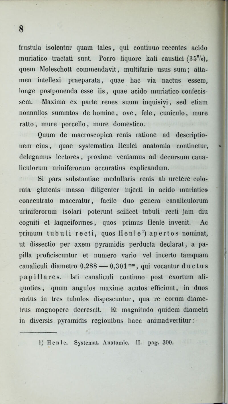 frustula isolentur quam tales, qui continuo recentes acido muriatico tractati sunt. Porro liquore kali caustici (35°/o), quem Moleschott commendavit, multifarie usus sum; atta- men intellexi praeparata, quae hac via nactus essem, longe postponenda esse iis, quae acido muriatico confecis- sem. Maxima ex parte renes suum inquisivi, sed etiam nonnullos summtos de homine, ove, fele, cuniculo, mure ratto, mure porcello, mure domestico. Quum de macroscopica renis ratione ad descriptio- nem eius, quae systematica Henlei anatomia continetur, delegamus lectores, proxime veniamus ad decursum cana- liculorum uriniferorum accuratius explicandum. Si pars substantiae medullaris renis ab uretere colo- rata glutenis massa diligenter injecti in acido muriatico concentrato maceratur, facile duo genera canaliculorum uriniferorum isolari poterunt scilicet tubuli recti jam diu cogniti et laqueiformes, quos primus Henle invenit. Ac primum tubuli recti, quos Henl e‘) apertos nominat, ut dissectio per axem pyramidis perducta declarat, a pa- pilla proficiscuntur et numero vario vel incerto tamquam canaliculi diametro 0,288 — 0,301mm, qui vocantur ductus papillares. Isti canaliculi continuo post exortum ali- quoties, quum angulos maxime acutos efficiunt, in duos rarius in tres tubulos dispescuntur, qua re eorum diame- trus magnopere decrescit. Et magnitudo quidem diametri in diversis pyramidis regionibus haec animadvertitur: 1) Henle. Systemat. Anatomie. II. pag. 300.