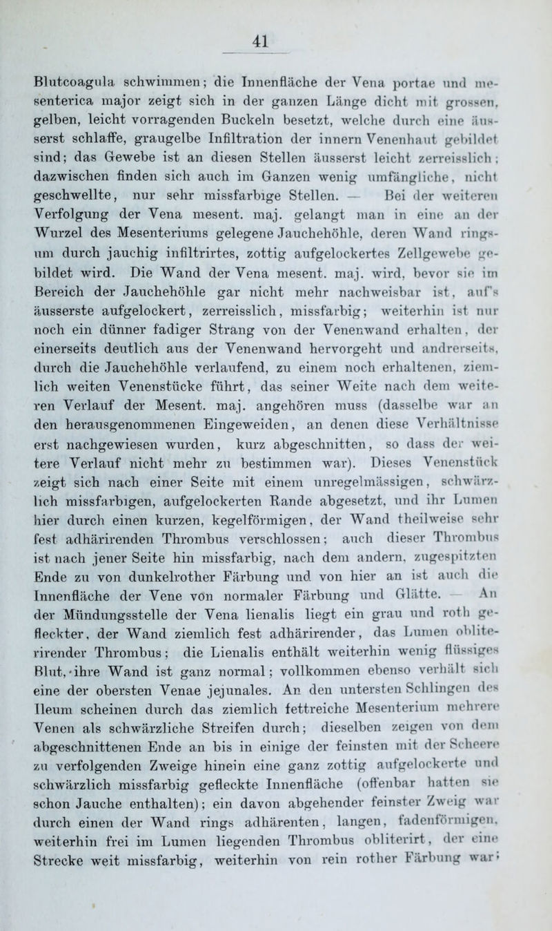 Blutcoagula schwimmen; die Innenfläche der Vena portae und me- senterica major zeigt sich in der ganzen Länge dicht mit grossen, gelben, leicht vorragenden Buckeln besetzt, welche durch eine äus- serst schlaffe, graugelbe Infiltration der innern Venenhaut gebildet sind; das Gewebe ist an diesen Stellen äusserst leicht zerreiaslich; dazwischen finden sich auch im Ganzen wenig umfängliche, nicht geschwellte, nur sehr missfarbige Stellen. — Bei der weiteren Verfolgung der Vena mesent. maj. gelangt man in eine an der Wurzel des Mesenteriums gelegene Jauchehöhle, deren Wand rings- um durch jauchig infiltrirtes, zottig aufgelockertes Zellgewebe ge- bildet wird. Die Wand der Vena mesent. maj. wird, bevor sie im Bereich der Jauchehöhle gar nicht mehr nachweisbar ist, aufs äusserste aufgelockert, zerreisslicli, missfarbig; weiterhin ist nur noch ein dünner fadiger Strang von der Venenwand erhalten, der einerseits deutlich aus der Venenwand hervorgeht und andrerseits, durch die Jauchehöhle verlaufend, zu einem noch erhaltenen, ziem- lich weiten Venenstücke führt, das seiner Weite nach dem weite- ren Verlauf der Mesent. maj. angehören muss (dasselbe war an den herausgenommenen Eingeweiden, an denen diese Verhältnisse erst nachgewiesen wurden, kurz abgeschnitten, so dass der wei- tere Verlauf nicht mehr zu bestimmen war). Dieses Venenstück zeigt sich nach einer Seite mit einem unregelmässigen, schwärz- lich missfarbigen, aufgelockerten Rande abgesetzt, und ihr Lumen hier durch einen kurzen, kegelförmigen, der Wand theilweise sehr fest adhärirenden Thrombus verschlossen; auch dieser Thrombus ist nach jener Seite hin missfarbig, nach dem andern, zugespitzten Ende zu von dunkelrother Färbung und von hier an ist auch die Innenfläche der Vene von normaler Färbung und Glätte. An der Mündungsstelle der Vena lienalis liegt ein grau und rotli ge- fleckter, der Wand ziemlich fest adhärirender, das Lumen oblite- rirender Thrombus; die Lienalis enthält weiterhin wenig flüssiges Blut,-ihre Wand ist ganz normal; vollkommen ebenso verhält sich eine der obersten Venae jejunales. An den untersten Schlingen des Ileum scheinen durch das ziemlich fettreiche Mesenterium mehrere Venen als schwärzliche Streifen durch; dieselben zeigen von dem abgeschnittenen Ende an bis in einige der feinsten mit der Scheere zu verfolgenden Zweige hinein eine ganz zottig aufgelockerte und schwärzlich missfarbig gefleckte Innenfläche (offenbar hatten sie schon Jauche enthalten); ein davon abgehender feinster Zweig war durch einen der Wand rings adhärenten, langen, fadenförmigen, weiterhin frei im Lumen liegenden Thrombus obliterirt, der eine Strecke wTeit missfarbig, weiterhin von rein rotlier Färbung war*