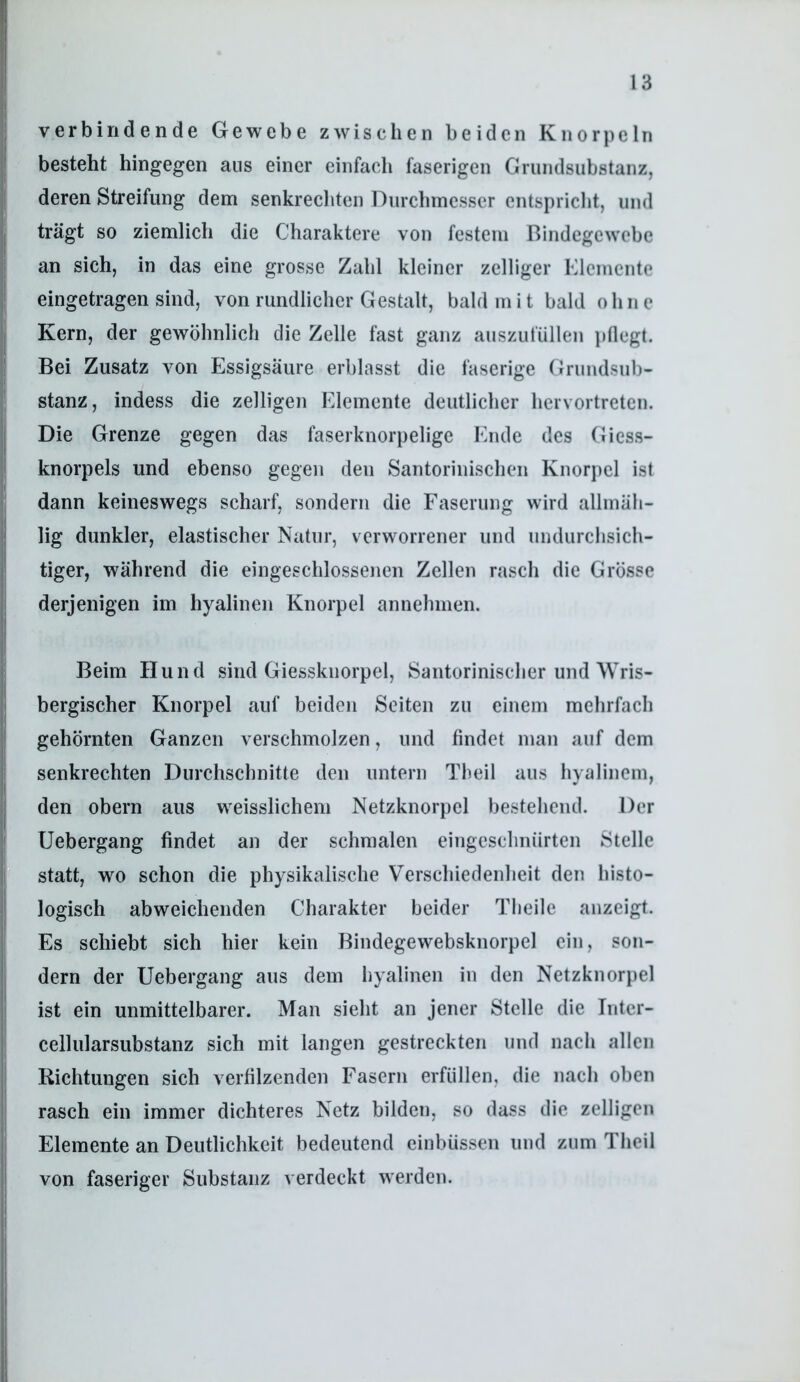 verbindende Gewebe zwischen beiden Knorpeln besteht hingegen aus einer einhich faserigen Grundsiibstanz, deren Streifung dem senkrechten Durchmesser entspricht, und trägt so ziemlich die Charaktere von festem Bindegewebe an sich, in das eine grosse Zahl kleiner zelliger Elemente eingetragen sind, von rundlicher Gestalt, bald m i t bald ohne Kern, der gewöhnlich die Zelle fast ganz anszufüllen pflegt. Bei Zusatz von Essigsäure erblasst die faserige Grundsnb- stanz, indess die zelligen Elemente deutlicher hervortreten. Die Grenze gegen das faserknorpelige Ende des Giess- knorpels und ebenso gegen den Santorinischen Knorpel ist dann keineswegs scharf, sondern die Faserung wird allmäh- lig dunkler, elastischer Natur, verworrener und undurehsich- tiger, während die eingeschlossenen Zellen rasch die Grösse derjenigen im hyalinen Knorpel annehmen. Beim Hund sind Giessknorpel, Santorinischer und Wris- bergischer Knorpel auf beiden Seiten zu einem mehrfach gehörnten Ganzen verschmolzen, und findet man auf dem senkrechten Durchschnitte den untern Tlieil aus liyalinem, den Obern aus weisslichem Netzknorpcl bestellend. Der Uebergang findet an der schmalen eingeschnürten Stelle statt, wo schon die physikalische Verschiedenheit den histo- logisch abweichenden Charakter beider Theile anzeigt. Es schiebt sich hier kein Bindegewebsknorpel ein, son- dern der Uebergang aus dem hyalinen in den Netzknorpel ist ein unmittelbarer. Man sieht an jener Stelle die Inter- cellularsubstanz sich mit langen gestreckten und nach allen Richtungen sich verfilzenden Fasern erfüllen, die nacli oben rasch ein immer dichteres Netz bilden, so dass die zelligen Elemente an Deutlichkeit bedeutend einbüssen und zum Tlieil von faseriger Substanz verdeckt werden.