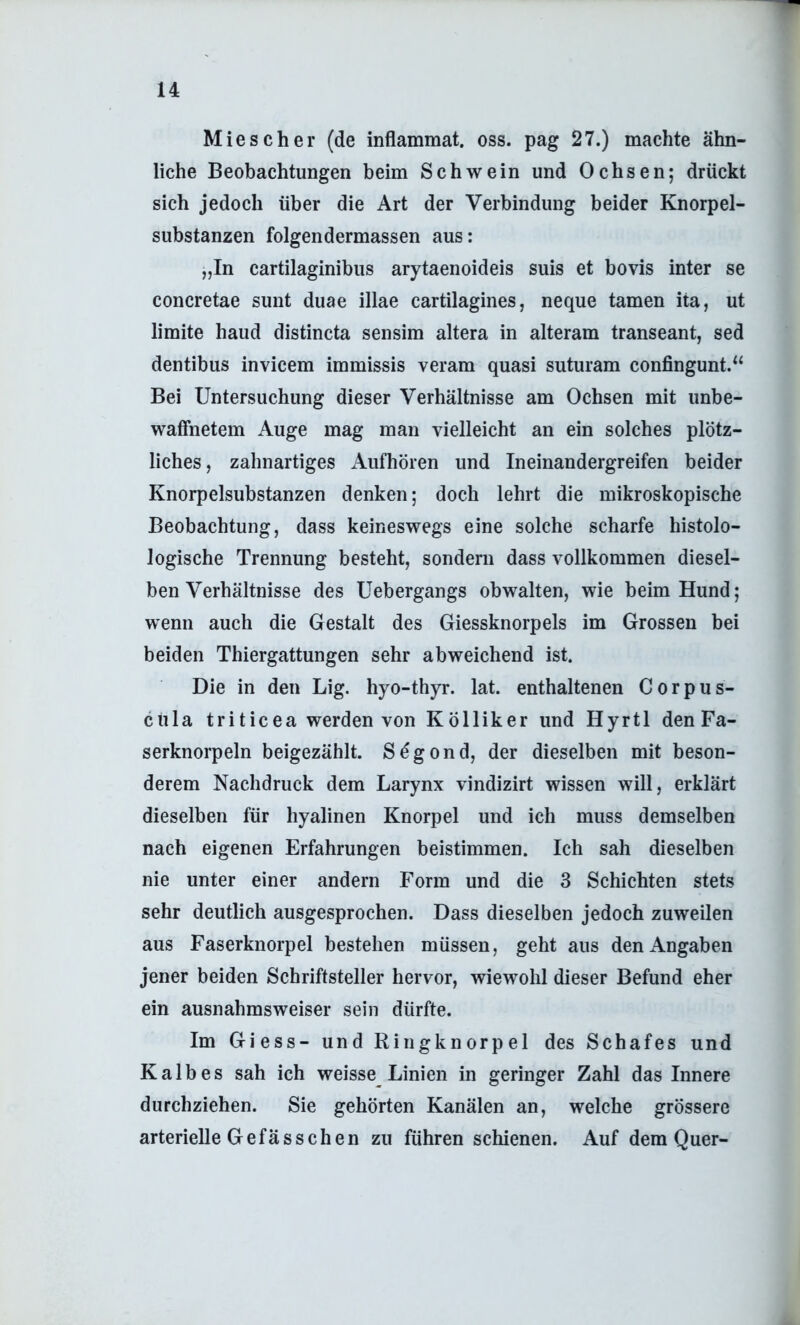 Mies eher (de inflammat. oss. pag 27.) machte ähn- liche Beobachtungen beim Schwein und Ochsen; drückt sich jedoch über die Art der Verbindung beider Knorpel- substanzen folgendermassen aus: „In cartilaginibus arytaenoideis suis et bovis inter se concretae sunt duae illae cartilagines, neque tarnen ita, ut limite haud distincta sensim altera in alteram transeant, sed dentibus invicem immissis veram quasi suturam confingunt.“ Bei Untersuchung dieser Verhältnisse am Ochsen mit unbe- waffnetem Auge mag man vielleicht an ein solches plötz- liches , zahnartiges x\ufhören und Ineinandergreifen beider Knorpelsubstanzen denken; doch lehrt die mikroskopische Beobachtung, dass keineswegs eine solche scharfe histolo- logische Trennung besteht, sondern dass vollkommen diesel- ben Verhältnisse des Uebergangs obwalten, wie beim Hund; wenn auch die Gestalt des Giessknorpels im Grossen bei beiden Thiergattungen sehr abweichend ist. Die in den Lig. hyo-thyr. lat. enthaltenen Corpus- cula triticea werden von Kölliker und Hyrtl den Fa- serknorpeln beigezählt. Sdgond, der dieselben mit beson- derem Nachdruck dem Larynx vindizirt wissen will, erklärt dieselben für hyalinen Knorpel und ich muss demselben nach eigenen Erfahrungen beistimmen. Ich sah dieselben nie unter einer andern Form und die 3 Schichten stets sehr deutlich ausgesprochen. Dass dieselben jedoch zuweilen aus Faserknorpel bestehen müssen, geht aus den Angaben jener beiden Schriftsteller hervor, wiewohl dieser Befund eher ein ausnahmsweiser sein dürfte. Im Giess- und Ringknorpel des Schafes und Kalbes sah ich weisse Linien in geringer Zahl das Innere durchziehen. Sie gehörten Kanälen an, welche grössere arterielle Gefässchen zu führen schienen. Auf dem Quer-