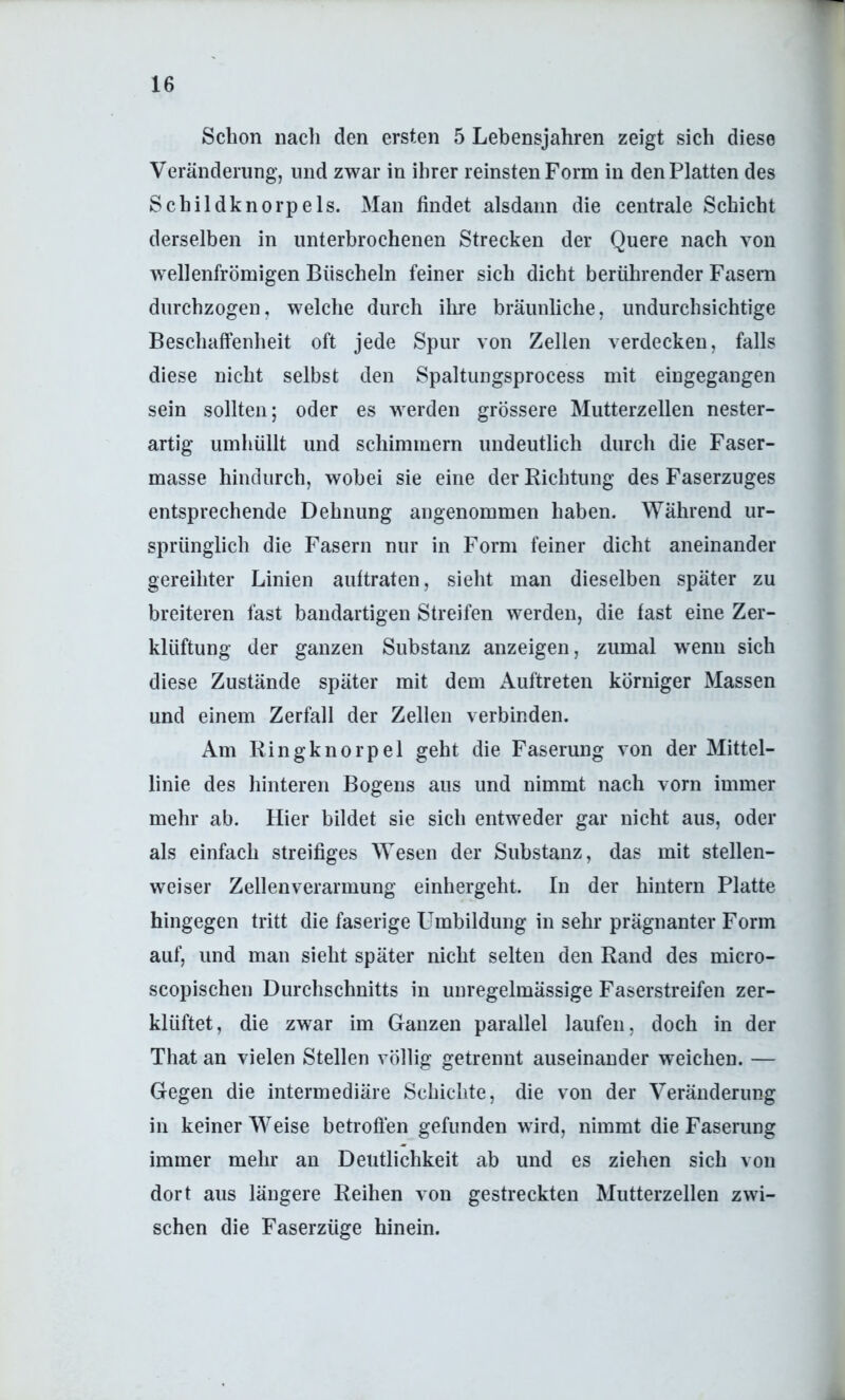 Schon nacli den ersten 5 Lebensjahren zeigt sich diese Veränderung, und zwar in ihrer reinsten Form in den Platten des Schildknorpels. Man findet alsdann die centrale Schicht derselben in unterbrochenen Strecken der Quere nach von wellenfrömigen Büscheln feiner sich dicht berührender Fasern durchzogen, welche durch ilire bräunliche, undurchsichtige Beschaffenheit oft jede Spur von Zellen verdecken, falls diese nicht selbst den Spaltungsprocess mit eingegangen sein sollten; oder es werden grössere Mutterzellen nester- artig umhüllt und schimmern undeutlich durch die Faser- masse hindurch, wobei sie eine der Richtung des Faserzuges entsprechende Dehnung angenommen haben. Während ur- sprünglich die Fasern nur in Form feiner dicht aneinander gereihter Linien auttraten, sieht man dieselben später zu breiteren fast bandartigen Streifen werden, die fast eine Zer- klüftung der ganzen Substanz anzeigen, zumal w'enii sich diese Zustände später mit dem Auftreten körniger Massen und einem Zerfall der Zellen verbinden. Am Ringknorpel geht die Faserung von der Mittel- linie des hinteren Bogens aus und nimmt nach vorn immer mehr ab. Hier bildet sie sich entweder gar nicht aus, oder als einfach streifiges Wesen der Substanz, das mit stellen- weiser Zellenverarmung einhergeht. In der hintern Platte hingegen tritt die faserige Umbildung in sehr prägnanter Form auf, und man sieht später nicht selten den Rand des micro- scopischen Durchschnitts in unregelmässige Faserstreifen zer- klüftet, die zwar im Ganzen parallel laufen, doch in der That an vielen Stellen völlig getrennt auseinander weichen. — Gegen die intermediäre Schichte, die von der Veränderung in keiner Weise betroffen gefunden wird, nimmt die Faserung immer mehr au Deutlichkeit ab und es ziehen sich von dort aus längere Reihen von gestreckten Mutterzellen zwi- schen die Faserzüge hinein.