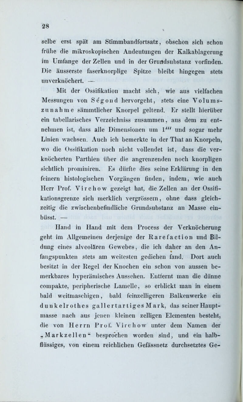 selbe erst spät am Stimmbandfortsatz, obsclion sich schon frühe die mikroskopischen Andeutungen der Kalkablagerung im Umfange der Zellen und in der Grundsubstanz vorfinden. Die äusserste faserknorplige Spitze bleibt hingegen stets unverknöchert. — Mit der Ossifikation macht sich, wie aus vielfachen Messungen von Segond hervorgeht, stets eine Volums- zunahme sämmtlicher Knorpel geltend. Er stellt hierüber ein tabellarisches Verzeichniss zusammen, aus dem zu ent- nehmen ist, dass alle Dimensionen um 1' und sogar mehr Linien wachsen. Auch ich bemerkte in der That an Knorpeln, wo die Ossifikation noch nicht vollendet ist, dass die ver- knöcherten Parthien über die angrenzenden noch knorpligen sichtlich proniiniren. Es dürfte dies seine Erklärung in den feinem histologischen Vorgängen finden, indem, wie auch Herr Prof. V i r c h o w gezeigt hat, die Zellen an der Ossifi- kationsgrenze sich merklich vergrössern, ohne dass gleich- zeitig die zwischenbefindliche Grundsubstanz an Masse ein- büsst. — Hand in Hand mit dem Process der Verknöcherung geht im xUllgemeinen derjenige der Rarefaction und Bil- dung eines alveolären Gewebes, die ich daher an den An- fangspunkten stets am weitesten gediehen fand. Dort auch besitzt in der Regel der Knochen ein schon von aussen be- merkbares hyperämisches Aussehen. Entfernt man die dünne coinpakte, peripherische Lamelle, so erblickt man in einem bald weitmaschigen, bald feinzelligeren Balkenwerke ein d u n k e 1 r 01 h e s ga 11 e r t a r t i g es M a r k, das seiner Haupt- masse nach aus jenen kleinen zelligen Elementen besteht, die von Herrn Prof. Virchow unter dem Namen der „Markzellen^^ besprochen worden sind, und ein halb- flüssiges, von einem reichlichen Gefässnetz durchsetztes Ge-