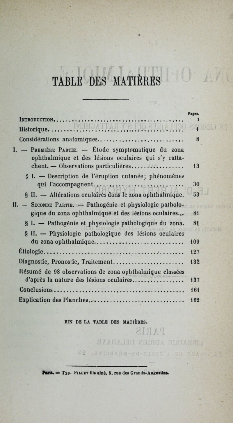 TABLE DES MATIÈRES Pasei. Introduction i Historique 4 Considérations anatomiques 8 I. — Première Partie. — Étude symptomatique du zona ophthalmique et des lésions oculaires qui s’y ratta- chent. — Observations particulières 43 § I. — Description de l’éruption cutanée; phénomènes qui l’accompagnent 30 § II. — Altérations oculaires dans le zona ophthalmique. 53 II. — Seconde Partie. — Pathogénie et physiologie patholo- gique du zona ophthalmique et des lésions oculaires... 81 § I. — Pathogénie et physiologie pathologique du zona, 81 § II. — Physiologie pathologique des lésions oculaires du zona ophthalmique 109 Étiologie 127 Diagnostic, Pronostic^ Traitement 132 Résumé de 98 observations de zona ophthalmique classées d’après la nature des lésions oculaire.*; 137 . Conclusions 161 Explication des Planches 162 fin de la table des matières. Pain. Tïp. PiLLiT fiJt aîné, 5, roe de» Grands-Augattlaa.