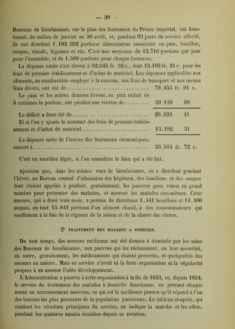 Bureaux de bienfaisance, sur le plan des fourneaux du Prince impérial, ont fonc- tionné, du milieu de janvier au 30 avril, et, pendant 93 jours de service effectif, ils ont distribué 1.182.592 portions alimentaires consistant en pain, bouillon, soupes, viande, légumes et riz. C’est une moyenne de 12.716 portions par jour pour l’ensemble, et de 1.589 portions pour chaque fourneau. La dépense totale s’est élevée à 92.645 fr. 32c., dont 13.192 fr. 31 c. pour les frais de premier établissement et d’achat de matériel. Les dépenses applicables aux aliments, au combustible employé à la cuisson, aux frais de transport et aux menus frais divers, ont été de 79.453 fr. 01 c. Le pain et les autres denrées livrées, au prix réduit de 5 centimes la portion, ont produit une recette de. 59.129 60 Le déficit a donc été de 20.323 41 Et si l’on y ajoute le montant des frais de premier établis- sement et d’achat de matériel 13.192 31 La dépense nette de l’œuvre des fourneaux économiques, ressort à 33.515 fr. 72 c. C’est un sacrifice léger, si l’on considère le bien qui a été fait. Ajoutons que, dans les mômes vues de bienfaisance, on a distribué pendant l’hiver, au Bureau central d’admission des hôpitaux, des bouillons et des soupes dont étaient appelés à profiter, gratuitement, les pauvres gens venus en grand nombre pour présenter des malades, et souvent les malades eux-mêmes. Cette mesure, qui a duré trois mois, a permis de distribuer 1.441 bouillons et 14.400 soupes, en tout 15.841 portions d’un aliment chaud, à des consommateurs qui souffraient à la fois de la rigueur de la saison et de la cherté des vivres. 2° TRAITEMENT DES MALADES A DOMICILE. De tout temps, des secours médicaux ont été donnés à domicile par les soins des Bureaux de bienfaisance, aux pauvres qui les réclamaient; on leur accordait, en outre, gratuitement, les médicaments qui étaient prescrits, et quelquefois des secours en nature. Mais ce service n’avait ni la forte organisation ni la régularité propres à en assurer l’utile développement. L’Administration a pourvu à cette organisation à lafm de 1853, et, depuis 1854, le service du traitement des malades à domicile fonctionne, en prenant chaque année un accroissement nouveau, ce qui est la meilleure preuve qu’il répond à l’un des besoins les plus pressants de la population parisienne. Le tableau ci-après, qui contient les résultats principaux du service, en indique la maiche et les effets, pendant les quatorze années écoulées depuis sa création.