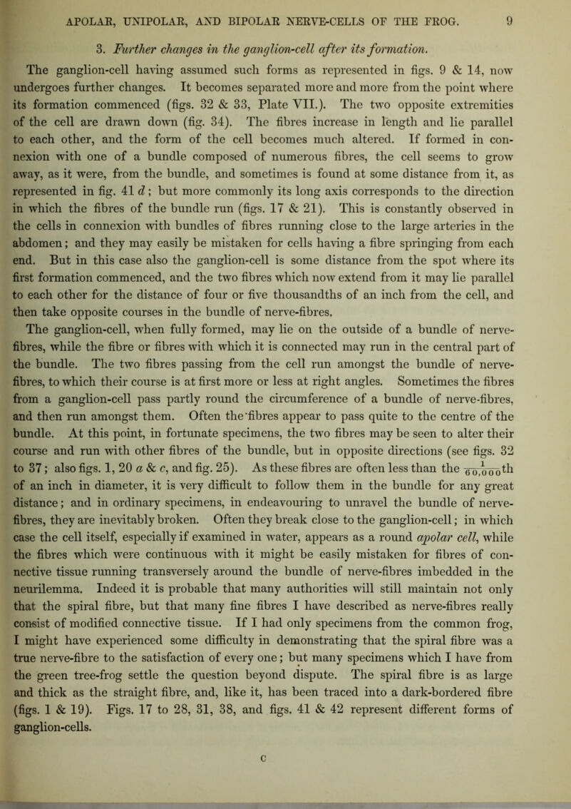 3. Further changes in the ganglion-cell after its formation. The ganglion-cell having assumed such forms as represented in figs. 9 & 14, now undergoes further changes. It becomes separated more and more from the point where its formation commenced (figs. 32 & 33, Plate VII.). The two opposite extremities of the cell are drawn down (fig. 34). The fibres increase in length and lie parallel to each other, and the form of the cell becomes much altered. If formed in con- nexion with one of a bundle composed of numerous fibres, the cell seems to grow away, as it were, from the bundle, and sometimes is found at some distance from it, as represented in fig. 41 d; but more commonly its long axis corresponds to the direction in which the fibres of the bundle run (figs. 17 & 21). This is constantly observed in the cells in connexion with bundles of fibres running close to the large arteries in the abdomen; and they may easily be mistaken for cells having a fibre springing from each end. But in this case also the ganglion-cell is some distance from the spot where its first formation commenced, and the two fibres which now extend from it may lie parallel to each other for the distance of four or five thousandths of an inch from the cell, and then take opposite courses in the bundle of nerve-fibres. The ganglion-cell, when fully formed, may lie on the outside of a bundle of nerve- fibres, while the fibre or fibres with which it is connected may run in the central part of the bundle. The two fibres passing from the cell run amongst the bundle of nerve- fibres, to which their course is at first more or less at right angles. Sometimes the fibres from a ganglion-cell pass partly round the circumference of a bundle of nerve-fibres, and then run amongst them. Often the’fibres appear to pass quite to the centre of the bundle. At this point, in fortunate specimens, the two fibres may be seen to alter their course and run with other fibres of the bundle, but in opposite directions (see figs. 32 to 37; also figs. 1, 20 a & c, and fig. 25). As these fibres are often less than the eo.oooth of an inch in diameter, it is very difficult to follow them in the bundle for any great distance; and in ordinary specimens, in endeavouring to unravel the bundle of nerve- fibres, they are inevitably broken. Often they break close to the ganglion-cell; in which case the cell itself, especially if examined in water, appears as a round apolar cell, while the fibres which were continuous with it might be easily mistaken for fibres of con- nective tissue running transversely around the bundle of nerve-fibres imbedded in the neurilemma. Indeed it is probable that many authorities will still maintain not only that the spiral fibre, but that many fine fibres I have described as nerve-fibres really consist of modified connective tissue. If I had only specimens from the common frog, I might have experienced some difficulty in demonstrating that the spiral fibre was a true nerve-fibre to the satisfaction of every one; but many specimens which I have from the green tree-frog settle the question beyond dispute. The spiral fibre is as large and thick as the straight fibre, and, like it, has been traced into a dark-bordered fibre (figs. 1 & 19). Figs. 17 to 28, 31, 38, and figs. 41 & 42 represent different forms of ganglion-cells. c