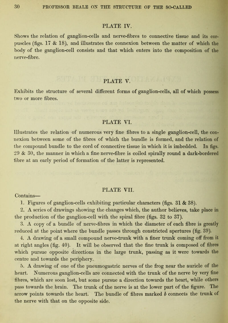 PLATE IV. Shows the relation of ganglion-cells and nerve-fibres to connective tissue and its cor- puscles (figs. 17 & 18), and illustrates the connexion between the matter of which the body of the ganglion-cell consists and that which enters into the composition of the nerve-fibre. PLATE V. Exhibits the structure of several different forms of ganglion-cells, all of which possess two or more fibres. PLATE VI. Illustrates the relation of numerous very fine fibres to a single ganglion-cell, the con- nexion between some of the fibres of which the bundle is formed, and the relation of the compound bundle to the cord of connective tissue in which it is imbedded. In figs. 29 & 30, the manner in which a fine nerve-fibre is coiled spirally round a dark-bordered fibre at an early period of formation of the latter is represented. PLATE VII. Contains— 1. Figures of ganglion-cells exhibiting particular characters (figs. 31 & 38). 2. A series of drawings showing the changes which, the author believes, take place in the production of the ganglion-cell with the spiral fibre (figs. 32 to 37). 3. A copy of a bundle of nerve-fibres in which the diameter of each fibre is greatly reduced at the point where the bundle passes through constricted apertures (fig. 39). 4. A drawing of a small compound nerve-trunk with a finer trunk coming off from it at right angles (fig. 40). It will be observed that the fine trunk is composed of fibres which pursue opposite directions in the large trunk, passing as it were towards the centre and towards the periphery. 5. A drawing of one of the pneumogastric nerves of the frog near the auricle of the heart. Numerous ganglion-cells are connected with the trunk of the nerve by very fine fibres, which are soon lost, but some pursue a direction towards the heart, while others pass towards the brain. The trunk of the nerve is at the lower part of the figure. The arrow points towards the heart. The bundle of fibres marked b connects the trunk of the nerve with that on the opposite side.