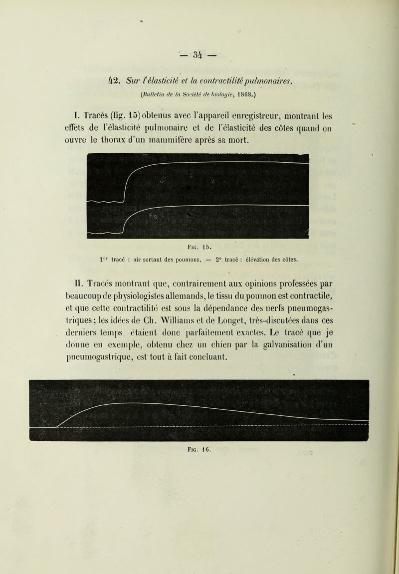 42. Sur télasticité et la contractilité pulmonaires. {IfuUetin de la Société de biologie, 1868.) I. Tracés (iig. 15) obtenus avec l’appareil enregistreur, montrant les etlets de l’élasticité pulmonaire et de l’élasticité des côtes quand on ouvre, le thorax d’un mammifère après sa mort. Fig. 15. tracé : air sortant des poumons. — 2' tracé : élévation des côtes. II. Tracés montrant que, contrairement aux opinions professées par beaucoup de physiologistes allemands, le tissu du poumon est contractile, et que celte contractilité est sous la dépendance des nerfs pneumogas- triques; les idées de Ch. Williams et de Longet, très-discutées dans ces derniers temps étaient donc parfaitement exactes. Le tracé que je donne en exemple, obtenu chez un chien par la galvanisation d’un pneumogastrique, est tout à fait concluant. Fig. 16.