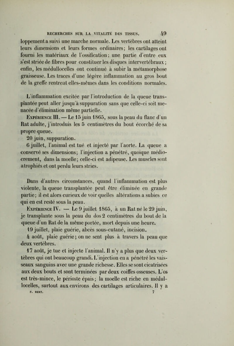 loppementa suivi une marche normale. Les vertèbres ont atteint leurs dimensions et leurs formes ordinaires; les cartilages ont fourni les matériaux de l’ossification; une partie d’entre eux s’est striée de fibres pour constituer les disques intervertébraux ; enfin, les médullocelles ont continué à subir la métamorphose graisseuse. Les traces d’une légère inflammation au gros bout de la greffe rentrent elles-mêmes dans les conditions normales. L'inflammation excitée par l’introduction de la queue trans- plantée peut aller jusqu’à suppuration sans que celle-ci soit me- nacée d’élimination même partielle. Expérience III. — Le 15 juin 1865, sous la peau du flanc d’un Rat adulte, j’introduis les 5 centimètres du bout écorché de sa propre queue. 20 juin, suppuration. 6 juillet, l’animal est tué et injecté par l'aorte. La queue a conservé ses dimensions; l’injection a pénétré, quoique médio- crement, dans la moelle; celle-ci est adipeuse. Les muscles sont atrophiés et ont perdu leurs stries. Dans d’autres circonstances, quand l'inflammation est plus violente, la queue transplantée peut être éliminée en grande partie; il est alors curieux de voir quelles altérations a subies ce qui en est resté sous la peau. Expérience IY. — Le 9 juillet 1865, à un Rat né le 29 juin, je transplante sous la peau du dos 2 centimètres du bout de la queue d’un Rat de la même portée, mort depuis une heure. 19 juillet, plaie guérie, abcès sous-cutané, incision. 4 août, plaie guérie ; on ne sent plus à travers la peau que deux vertèbres. 17 août, je tue et injecte l’animal. Il n’y a plus que deux ver- tèbres qui ont beaucoup grandi. L’injection en a pénétré les vais- seaux sanguins avec une grande richesse. Elles se sont cicatrisées aux deux bouts et sont terminées par deux coiffes osseuses. L os est très-mince, le périoste épais ; la moelle est riche en médul- locelles, surtout aux environs des cartilages articulaires. 11 y a P. BERT. 7