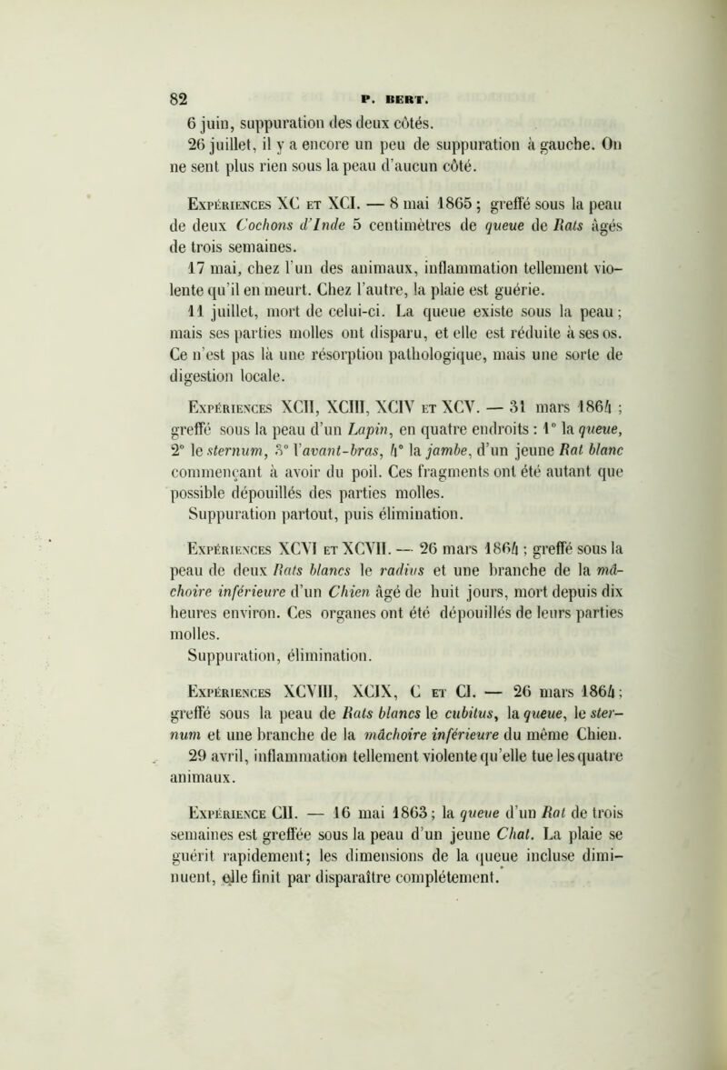 6 juin, suppuration des deux côtés. 26 juillet, il y a encore un peu de suppuration à gauche. On ne sent plus rien sous la peau d’aucun côté. Expériences XC et XCI. — 8 mai 1865 ; greffé sous la peau de deux Cochons d’Inde 5 centimètres de queue de Rats âgés de trois semaines. 17 mai, chez l’un des animaux, inflammation tellement vio- lente qu’il en meurt. Chez l’autre, la plaie est guérie. 11 juillet, mort de celui-ci. La queue existe sous la peau; mais ses parties molles ont disparu, et elle est réduite à ses os. Ce n’est pas là une résorption pathologique, mais une sorte de digestion locale. Expériences XC11, XCI1I, XC1Y et XCY. — 31 mars 186à ; greffé sous la peau d’un Lapin, en quatre endroits ; 1° la queue, 2° le sternum, 3° Yavant-bras, h° h jambe, d’un jeune Rat blanc commençant à avoir du poil. Ces fragments ont été autant que possible dépouillés des parties molles. Suppuration partout, puis élimination. Expériences XCYI et XCYI1. — 26 mars 186/i ; greffé sous la peau de deux Rats blancs le radius et une branche de la mâ- choire inférieure d’un Chien âgé de huit jours, mort depuis dix heures environ. Ces organes ont été dépouillés de leurs parties molles. Suppuration, élimination. Expériences XCVIII, XCIX, C et CI. — 26 mars 186û; greffé sous la peau de Rats blancs le cubitus, la queue, le ster- num et une branche de la mâchoire inférieure du même Chien. 29 avril, inflammation tellement violente quelle tue les quatre animaux. Expérience CIL — 16 mai 1863; la queue d’un Rat de trois semaines est greffée sous la peau d’un jeune Chat. La plaie se guérit rapidement; les dimensions de la queue incluse dimi- nuent, plie finit par disparaître complètement.