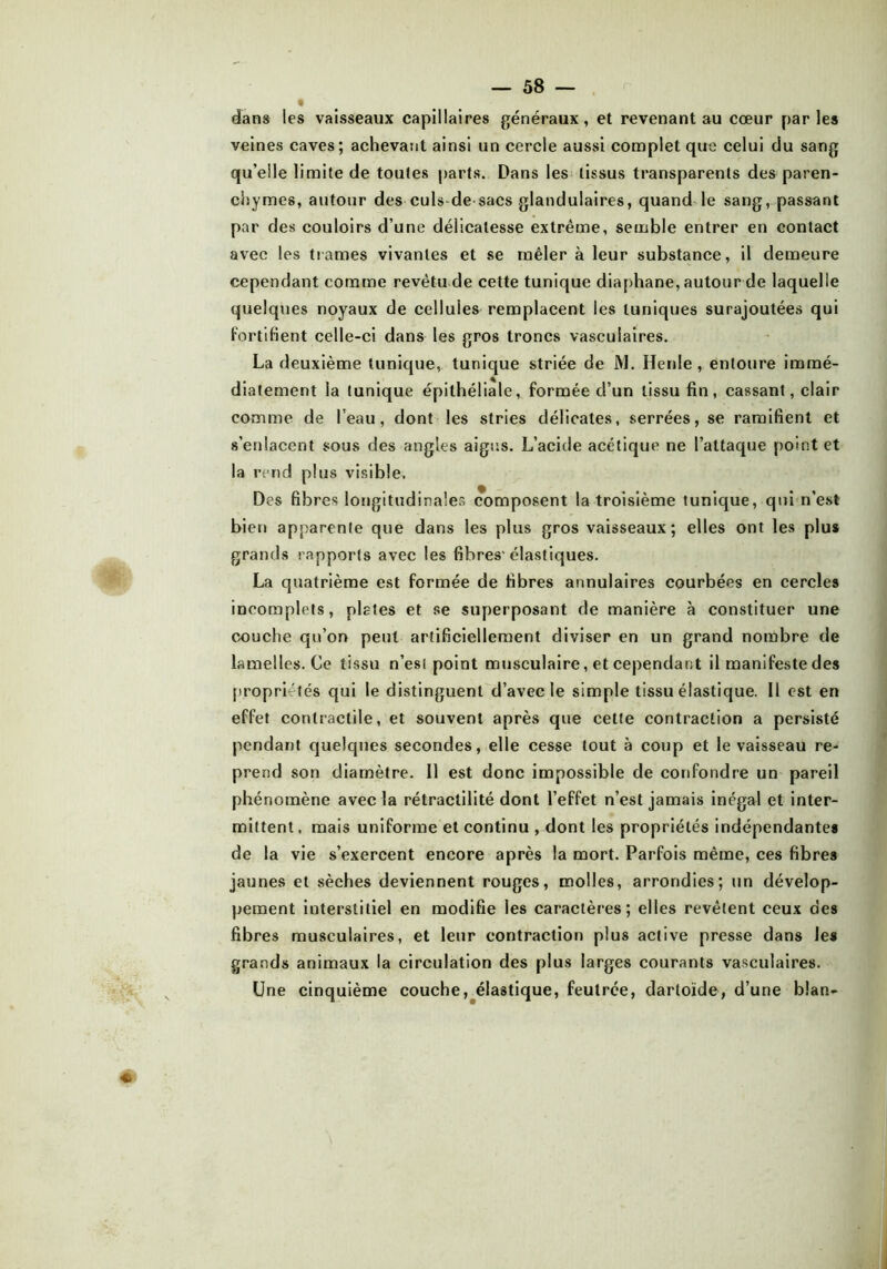 dans les vaisseaux capillaires généraux, et revenant au cœur parles veines caves; achevant ainsi un cercle aussi complet que celui du sang qu’elle limite de toutes parts. Dans les tissus transparents des paren- chymes, autour des culs-desacs glandulaires, quand le sang, passant par des couloirs d’une délicatesse extrême, semble entrer en contact avec les trames vivantes et se mêler à leur substance, il demeure cependant comme revêtu de cette tunique diaphane, autour de laquelle quelques noyaux de cellules remplacent les tuniques surajoutées qui fortifient celle-ci dans les gros troncs vasculaires. La deuxième tunique, tunique striée de M. Henle , entoure immé- diatement la tunique épithéliale, formée d’un tissu fin, cassant, clair comme de l’eau, dont les stries délicates, serrées, se ramifient et s’enlacent sous des angles aigus. L’acide acétique ne l’attaque point et la rend plus visible. Des fibres longitudinales composent la troisième tunique, qui n’est bien apparente que dans les plus gros vaisseaux; elles ont les plus grands rapports avec les fibres-élastiques. La quatrième est formée de fibres annulaires courbées en cercles incomplets, plates et se superposant de manière à constituer une couche qu’on peut artificiellement diviser en un grand nombre de lamelles. Ce tissu n’esl point musculaire, et cependant il manifeste des propriétés qui le distinguent d’avec le simple tissu élastique. Il est en effet contractile, et souvent après que cette contraction a persisté pendant quelques secondes, elle cesse tout à coup et le vaisseau re- prend son diamètre. Il est donc impossible de confondre un pareil phénomène avec la rétractilité dont l’effet n’est jamais inégal et inter- mittent , mais uniforme et continu , dont les propriétés indépendantes de la vie s’exercent encore après la mort. Parfois même, ces fibres jaunes et sèches deviennent rouges, molles, arrondies; un dévelop- pement interstitiel en modifie les caractères; elles revêtent ceux des fibres musculaires, et leur contraction plus active presse dans les grands animaux la circulation des plus larges courants vasculaires. Une cinquième couche, élastique, feutrée, dartoïde, d’une blan-