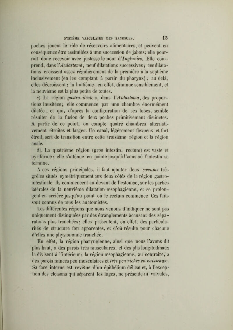 poches jouent le rôle de réservoirs alimentaires, et peuvent en conséquence être assimilées à une succession de jabots; elle pour- rait donc recevoir avec justesse le nom d'Ingluvies. Elle com- prend, dans YAulastoma, neuf dilatations successives ; ces dilata- tions croissent assez régulièrement de la première à la septième inclusivement (en les comptant à partir du pharynx) ; au delà, elles décroissent ; la huitième, en effet, diminue sensiblement, et la neuvième est la plus petite de toutes. c) . La région gaslro-iléale a, dans YAulastoma, des propor- tions inusitées ; elle commence par une chambre énormément dilatée, et qui, d’après la configuration de ses lobes, semble résulter de la fusion de deux poches primitivement distinctes. A partir de ce point, on compte quatre chambres alternati- vement étroites et larges. Un canal, légèrement flexucux et fort étroit, sert de transition entre celte troisième région et la région anale. d) . La quatrième région (gros intestin, rectum) est vaste et pyriforme; elle s’atténue en pointe jusqu’à l’anus où l’intestin se termine. A ces régions principales, il faut ajouter deux cæcums très grêles situés symétriquement aux deux côtés de la région gastro- intestinale. Ils commencent au-devant de l’estomac, sur les parties latérales de la neuvième dilatation œsophagienne, et se prolon- gent en arrière jusqu’au point où le rectum commence. Ces faits sont connus de tous les anatomistes. Les différentes régions que nous venons d’indiquer ne sont pas uniquement distinguées par des étranglements accusant des sépa- rations plus tranchées; elles présentent, en effet, des particula- rités de structure fort apparentes, et d’où résulte pour chacune d’elles une physionomie tranchée. En effet, la région pharyngienne, ainsi que nous l’avons dit plus haut, a des parois très musculaires, et des plis longitudinaux la divisent à l’intérieur; la région œsophagienne, au contraire, a des parois minces peu musculaires et très peu riches en vaisseaux. Sa face interne est revêtue d’un épithélium délicat et, à l’excep- tion des cloisons qui séparent les loges, ne présente ni valvules,