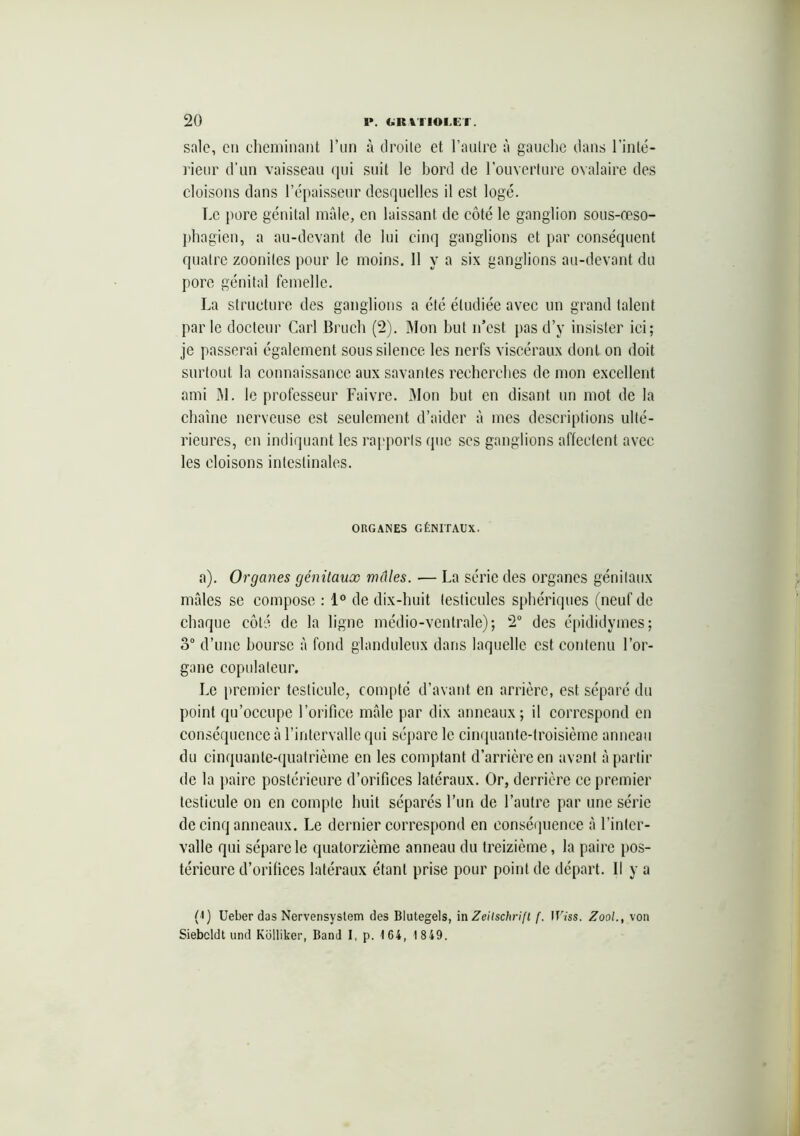 sale, en cheminant l’un à droite et l’autre à gauche dans l'inté- rieur d’un vaisseau qui suit le bord de l’ouverture ovalaire des cloisons dans l’épaisseur desquelles il est logé. Le pore génital mâle, en laissant de côté le ganglion sous-œso- phagien, a au-devant de lui cinq ganglions et par conséquent quatre zooniles pour le moins. 11 y a six ganglions au-devant du pore génital femelle. La structure des ganglions a été étudiée avec un grand talent parle docteur Cari Bruch (2). Mon but n’est pas d’y insister ici; je passerai également sous silence les nerfs viscéraux dont on doit surtout la connaissance aux savantes recherches de mon excellent ami M. le professeur Faivre. Mon but en disant un mot de la chaîne nerveuse est seulement d’aider à mes descriptions ulté- rieures, en indiquant les rapports que scs ganglions affectent avec les cloisons intestinales. ORGANES GÉNITAUX. a). Organes génitaux mâles. — La série des organes génitaux mâles se compose : 1° de dix-huit testicules sphériques (neuf de chaque côté de la ligne médio-vcntrale); 2° des épididymes; 3° d’une bourse â fond glanduleux dans laquelle est contenu l’or- gane copulateur. Le premier testicule, compté d’avant en arrière, est séparé du point qu’occupe l’orifice mâle par dix anneaux; il correspond en conséquence â l’intervalle qui sépare le cinquante-troisième anneau du cinquante-quatrième en les comptant d’arrière en avant à partir de la paire postérieure d’orifices latéraux. Or, derrière ce premier testicule on en compte huit séparés l’un de l’autre par une série de cinq anneaux. Le dernier correspond en conséquence â l’inter- valle qui sépare le quatorzième anneau du treizième, la paire pos- térieure d’orifices latéraux étant prise pour point de départ. Il y a (0 Ueber das Nervensystem des Blutegels, in Zeitschrift f. Wiss. Zool., von Siebcldt und Kolliker, Band I, p. 1 64, 1 849.