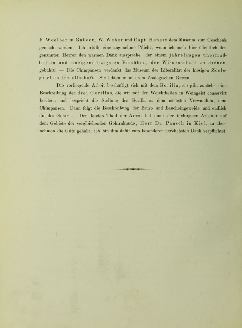 P. Woelber in Gaboon, W. Weber und Capt. Henert dem Museum zum Geschenk gemacht worden. Ich erfülle eine angenehme Pflicht, wenn ich auch hier öffentlich den genannten Herren den warmen Dank ausspreche, der einem jahrelangen unermüd- lichen und uneigennützigsten Bemühen, der Wissenschaft zu dienen, gebührt! — Die Chimpansen verdankt das Museum der Liberalität der hiesigen Zoolo- gischen Gesellschaft. Sie lebten in unserem Zoologischen Garten. Die vorliegende Arbeit beschäftigt sich mit dem Gorilla; sie gibt zunächst eine Beschreibung der drei Gorillas, die wir mit den Weichtheilen in Weingeist conservirt besitzen und bespricht die Stellung des Gorilla zu dem nächsten Verwandten, dem Chimpansen. Dann folgt die Beschreibung der Brust- und Baucheingeweide und endlich die des Gehirns. Den letzten Theil der Arbeit hat einer der tüchtigsten Arbeiter auf dem Gebiete der vergleichenden Gehirnkunde, Herr Dr. Pansch in Kiel, zu über- nehmen die Güte gehabt; ich bin ihm dafür zum besonderen herzlichsten Dank verpflichtet.