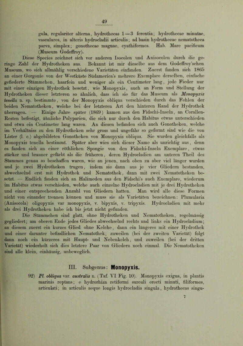 gula, regulariter alterna, hydrothecas 1 — 3 ferentia; hydrothecae minutae, vasculares, in alteris hydrocladii articulis; ad basin hydrothecae nematotheca parva, simplex; gonothecae magnae, cyathiformes. Hab. Mare pacificum (Museum Godeffroy). Diese Species zeichnet sich vor anderen Isocolen und Anisocolen durch die ge- ringe Zahl der Hydrotheken aus. Bekannt ist mir dieselbe aus dem Godeffroy’schen Museum, wo sich allmählig verschiedene Varietäten einfanden. Zuerst fanden sich 1865 an einer Gorgonie von der Westküste Südamerica’s mehrere Exemplare derselben, einfache gefiederte Stämmchen, haarfein und weniger als ein Centimeter lang, jede Fieder nur mit einer einzigen Hydrothek besetzt, wie Monopyxis, auch an Form und Stellung der Hydrotheken dieser letzteren so ähnlich, dass ich sie für das Museum als Monopyxis ienella n. sp. bestimmte, von der Monopyxis obliqua verschieden durch das Fehlen der beiden Nematotheken, welche bei der letzteren Art den hinteren Rand der Hydrothek überragen. — Einige Jahre später (1869) kamen aus den Fidschi-Inseln, an Corallen- Resten befestigt, ähnliche Polyparien, die sich nur durch den Habitus etwas unterschieden und etwa ein Centimeter lang waren. An diesen befanden sich auch Gonotheken, welche im Verhältniss zu den Hydrotheken sehr gross und ungefähr so geformt sind wie die von Lister (1. c.) abgebildeten Gonotheken von Monopyxis obliqua. Sie wurden gleichfalls als Monopyxis tenella bestimmt. Später aber wies sich dieser Name als unrichtig aus, denn es fanden sich an einer röthlichen Spongie von den Fidschi-Inseln Exemplare, etwas stärker und brauner gefärbt als die früheren, deren Hydrocladien am unteren Theil des Stammes genau so beschaffen waren, wie an jenen, nach oben zu aber viel länger wurden und je zwei Hydrotheken trugen, indem sie dann aus je vier Gliedern bestanden, abwechselnd erst mit Hydrothek und Nematothek, dann mit zwei Nematotheken be- setzt. — Endlich fanden sich an Halimeden aus den Fidschis auch Exemplare, wiederum im Habitus etwas verschieden, welche auch einzelne Hydrocladien mit je drei Hydrotheken und einer entsprechenden Anzahl von Gliedern hatten. Man wird alle diese Formen nicht von einander trennen können und muss sie als Varietäten bezeichnen: Plumularia (Anisocola) oligopyxis var monopyxis, v. bipyxis, v. tripyxis. Hydrocladien mit mehr als drei Hydrotheken habe ich bis jetzt nicht gefunden. Die Stämmchen sind glatt, ohne Hydrotheken und Nematotheken, regelmässig gegliedert; am oberen Ende jedes Gliedes abwechselnd rechts und links ein Hydrocladium; an diesem zuerst ein kurzes Glied ohne Kelche, dann ein längeres mit einer Hydrothek und einer darunter befindlichen Nematothek; zuweilen (bei der zweiten Varietät) folgt dann noch ein kürzeres mit Haupt- und Nebenkelch, und zuweilen (bei der dritten Varietät) wiederholt sich dies letztere Paar von Gliedern noch einmal. Die Nematotheken sind alle klein, einhäusig, unbeweglich. III. Subgenus: Monopyxis. 92) PI. obliqua xar. australis n. (Taf. VI Fig. 10). Monopyxis exigua, in plantis marinis reptans; e hydrorhiza retiformi surculi erecti minuti, filiformes, articulati; in articulis aeque longis hydrocladia singula, hydrothecas singu-