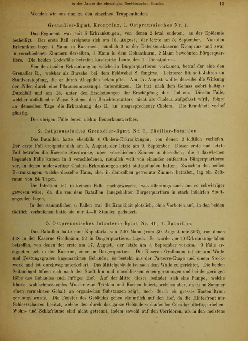 Wenden wir uns nun zu den einzelnen Truppentheilen. Grenadier-Rgmt. Kronprinz, 1. Ostpreussisches Nr. 1. Das Regiment war mit G Erkrankungen, von denen 2 letal endeten, an der Epidemie betheiligt. Der erste Fall ereignete sich am 18. August, der letzte am 5. September. Von den Erkrankten lagen 4 Mann in Kasernen, nämlich 3 in der Defensionskaserne Kronprinz und zwar in verschiedenen Zimmern derselben, 1 Mann in dem Dolmathurm, 2 Mann bewohnten Bürgerquar- tiere. Die beiden Todesfälle betrafen kasernirte Leute des 1. Dienstjahres. Von den beiden Erkrankungen; welche in Bürgerquartieren vorkamen, betraf der eine den Grenadier R., welcher als Bursche bei dem Feldwebel S. fungirte. Letzterer litt seit Jahren an Stuhlverstopfung, die er durch Aloepillen bekämpfte. Am 17. August wollte derselbe die Wirkung der Pillen durch eine Pflaumenmusssuppe unterstützen. Es trat nach dem Genuss sofort heftiger Durchfall und am 18. unter den Erscheinungen der Erschöpfung der Tod ein. Diesem Falle, welcher auffallender Weise Seitens des Berichterstatters nicht als Cholera aufgefasst wird, folgte an demselben Tage die Erkrankung des R. an ausgesprochener Cholera. Die Krankheit verlief günstig. Die übrigen Fälle boten nichts Bemerkenswerthes. 2. Ostpreussisches Grenadier-Rgmt. Nr. 3, Füsilier-Bataillon. Das Bataillon hatte ebenfalls 6 Cholera-Erkrankungen, von denen 2 tödtlich verliefen. Der erste Fall ereignete sich am 3. August, der letzte am 9. September. Dieser erste und letzte Fall betrafen die Kaserne Sternwarte, aber verschiedene Zimmer in derselben; die 4 dazwischen liegenden Fälle kamen in 3 verschiedenen, räumlich weit von einander entfernten Bürgerquartieren vor, in denen anderweitige Cholera-Erkrankungen nicht stattgefunden hatten. Zwischen den beiden Erkrankungen, welche dasselbe Haus, aber in demselben getrennte Zimmer betrafen, lag ein Zeit- raum von 24 Tagen. Die Infection ist in keinem Falle nachgewiesen, was allerdings auch um so schwieriger gewesen wäre, da die von dem Bataillon innegehabten Bürgerquartiere in stark inficirten Stadt- gegenden lagen. In den sämmtlichen 6 Fällen trat die Krankheit plötzlich, ohne Vorboten auf; in den beiden tödtlich verlaufenen hatte sie nur 4—5 Stunden gedauert. 5. Ostpreussisches Infanterie-Rgmt. Nr. 41, 1. Bataillon. Das Bataillon hatte eine Kopfstärke von 540 Mann (vom 30. August nur 356), von denen 448 in der Kaserne Grollraann, 92 in Bürgerquartieren lagen. Es wurde von 10 Erkrankungsfällen betroffen, von denen der erste am 17. August, der letzte am 4. September vorkam. 9 Fälle er- eigneten sich in der Kaserne, einer im Bürgerquartier. Die Kaserne Grollmann ist ein am Walle und Festungsgraben kasemattirtes Gebäude; es besteht aus der Parterre-Etage und einem Stock- werk und ist durchweg unterkellert. Das Mittelgebäude ist nach dem Walle zu gerichtet. Die beiden Seitenflügel öffnen sich nach der Stadt hin und umschliessen einen geräumigen und bei der geringen Höhe des Gebäudes auch luftigen Hof. Auf der Mitte dieses befindet sich eine Pumpe, welche klares, wohlschmeckendes Wasser zum Trinken und Kochen liefert, welches aber, da es im Sommer einen vermehrten Gehalt an organischen Substanzen zeigt, noch durch ein grosses Kastenfiltrum gereinigt wurde. Die Fenster des Gebäudes gehen sämmtlich auf den Hof, da die Hinterfront nur Schiessscharten besitzt, welche den durch das ganze Gebäude verlaufenden Corridor dürftig erhellen. Wohn- und Schlafräume sind nicht getrennt, indem sowohl auf den Corridoren, als in den meistens
