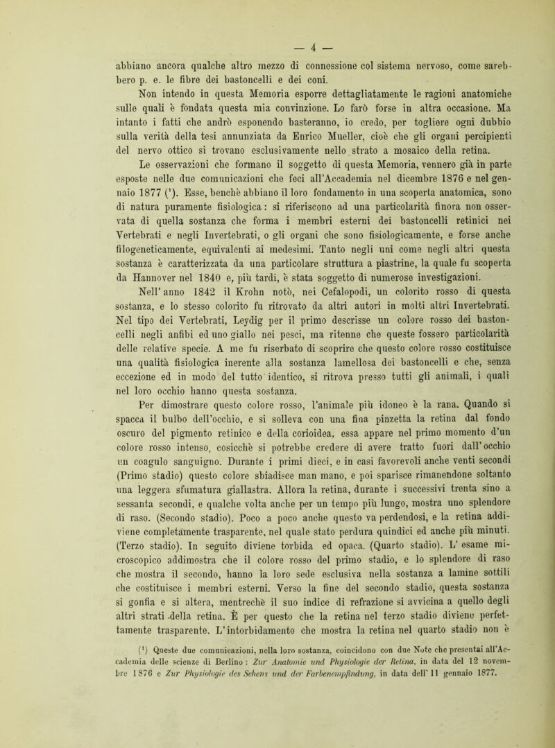 abbiano ancora qualche altro mezzo di connessione col sistema nervoso, come sareb- bero p. e. le fibre dei bastoncelli e dei coni. Non intendo in questa Memoria esporre dettagliatamente le ragioni anatomiche sulle quali è fondata questa mia convinzione. Lo farò forse in altra occasione. Ma intanto i fatti che andrò esponendo basteranno, io credo, per togliere ogni dubbio sulla verità della tesi annunziata da Enrico Mueller, cioè che gli organi percipienti del nervo ottico si trovano esclusivamente nello strato a mosaico della retina. Le osservazioni che formano il soggetto di questa Memoria, vennero già in parte esposte nelle due comunicazioni che feci all’Accademia nel dicembre 1876 e nel gen- naio 1877 ('). Esse, benché abbiano il loro fondamento in una scoperta anatomica, sono di natura puramente fisiologica : si riferiscono ad una particolarità finora non osser- vata di quella sostanza che forma i membri esterni dei bastoncelli retinici nei Vertebrati e negli Invertebrati, o gli organi che sono fisiologicamente, e forse anche filogeneticamente, equivalenti ai medesimi. Tanto negli uni come negli altri questa sostanza è caratterizzata da una particolare struttura a piastrine, la quale fu scoperta da Hannover nel 1840 e, piu tardi, è stata soggetto di numerose investigazioni. Nell’ anno 1842 il Krohn notò, nei Cefalopodi, un colorito rosso di questa sostanza, e lo stesso colorito fu ritrovato da altri autori in molti altri Invertebrati. Nel tipo dei Vertebrati, Leydig per il primo descrisse un colore rosso dei baston- celli negli anfibi ed uno giallo nei pesci, ma ritenne che queste fossero particolarità delle relative specie. A me fu riserbato di scoprire che questo colore rosso costituisce una qualità fisiologica inerente alla sostanza lamellosa dei bastoncelli e che, senza eccezione ed in modo del tutto identico, si ritrova presso tutti gli animali, i quali nel loro occhio hanno questa sostanza. Per dimostrare questo colore rosso, l’animale più idoneo è la rana. Quando si spacca il bulbo dell’occhio, e si solleva con una fina pinzetta la retina dal fondo oscuro del pigmento retinico e della corioidea, essa appare nel primo momento d’un colore rosso intenso, cosicché si potrebbe credere di avere tratto fuori dall’occhio un coagulo sanguigno. Durante i primi dieci, e in casi favorevoli anche venti secondi (Primo stadio) questo colore sbiadisce man mano, e poi sparisce rimanendone soltanto una leggera sfumatura giallastra. Allora la retina, durante i successivi trenta sino a sessanta secondi, e qualche volta anche per un tempo più lungo, mostra uno splendore di raso. (Secondo stadio). Poco a poco anche questo va perdendosi, e la retina addi- viene completamente trasparente, nel quale stato perdura quindici ed anche più minuti. (Terzo stadio). In seguito diviene torbida ed opaca. (Quarto stadio). L’ esame mi- croscopico addimostra che il colore rosso del primo stadio, e lo splendore di raso che mostra il secondo, hanno la loro sede esclusiva nella sostanza a lamine sottili che costituisce i membri esterni. Verso la fine del secondo stadio, questa sostanza si gonfia e si altera, mentrechè il suo indice di refrazione si avvicina a quello degli altri strati .della retina. È per questo che la retina nel terzo stadio diviene perfet- tamente trasparente. L’intorbidamento che mostra la retina nel quarto stadio non è (‘) Queste due comunicazioni, nella loro sostanza, coincidono con due Note che presentai all'Ac- cademia delle scienze di Berlino : Zur Anatomie und Physiologie dei' Retina, in data del 12 novem- bre 1 876 e Zur Physiologie des Sehens und dei' Farbenemp/ìndung, in data dell’11 gennaio 1877.