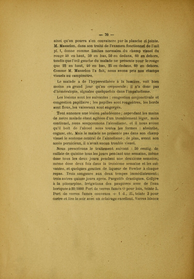 ainsi qu’on pourra s’en convaincre par la planche ci-jointe. M. Masselon, dans son traité de l’examen fonctionnel de l’œil pl. 1, donne comme limites normales du champ visuel du rouge 40 en haut, 50 en bas, 50 en dedans, 60 en dehors, tandis que l’œil gauche du malade ne présente pour le rouge que 25 en haut, 40 en bas, 25 en dedans, 60 en dehors. €omme M. Masselon l’a fait,' nous avons pris nos chaihps visuels au campimètre. Le malade a de l’hyperesthésie à la lumière, voit bien , moins au grand jour qu’au crépuscule; il n'a donc pas d’héméralopie, signalée quelquefois dans l’impaludisme. Les lésions sont les suivantes : congestion conjonctivale et •congestion papillaire ; les papilles sont rougeâtres, les bords sont flous, les vaisseaux sont engorgés. Tout annonce une lésion paludéenne ; cependant les mains de notre malade étant agitées d’un tremblement léger, mais continuel, nous soupçonnons l’alcoolisme, et il nous avoue qu’il boit de l’alcool sous toutes les formes ; absinthe, cognac, etc. Mais le malade ne présente pas dans son champ visuel le scotome central de l’alcoolisme ; de plus, avant son accès pernicieux, il n’avait aucun trouble visuel. Nous prescrivons le traitement suivant : 50 centig. de sulfate de quinine tous les jours pendant une semaine, même dose tous les deux-jours pendant une deuxième semaine; même dose deux fois dans la troisième semaine et les sui- vantes, et quelques gouttes de liqueur de Fowler à chaque repas. Trois sangsues aux deux tempes immédiatement; trois autres quinze jours après. Purgatifs drastiques. Collyre à la pilocarpine. Irrigations des paupières avec de l’eau boriquée à 20/1000 Port de verres fumés ü pour loin, teinte 5. ^ Port de verres fumés convexes -i- 1 d., 25, teinte 3 pour écrire et lire le soir avec un éclairage excellent. Verres blancs i