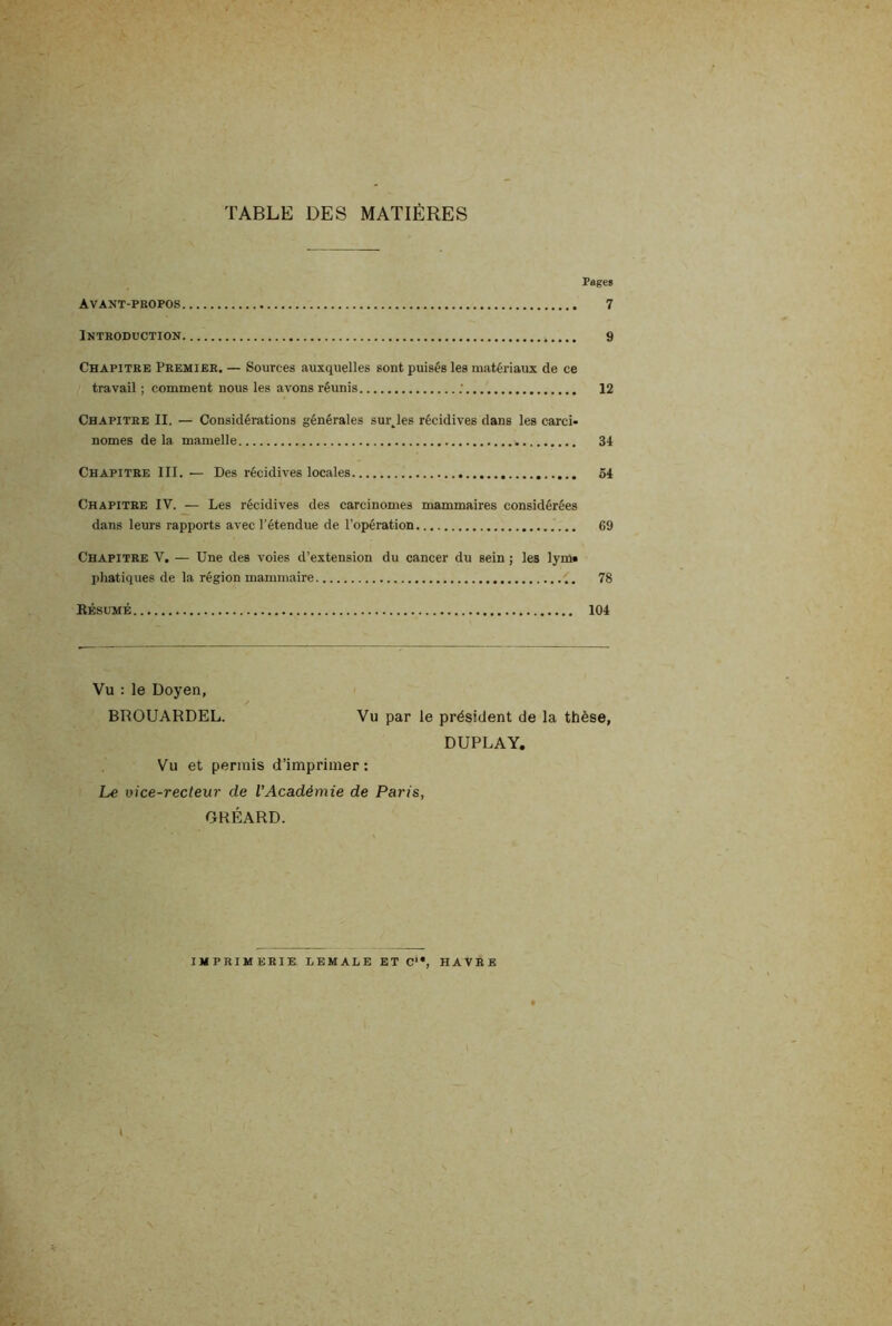 TABLE DES MATIÈRES Pages Avant-propos 7 Introduction 9 Chapitre Premier. — Sources auxquelles sont puisés les matériaux de ce travail ; comment nous les avons réunis ; 12 Chapitre II. — Considérations générales survies récidives dans les carci- nomes de la mamelle 34 Chapitre III. — Des récidives locales 54 Chapitre IV. — Les récidives des carcinomes mammaires considérées dans leurs rapports avec l’étendue de l’opération 69 Chapitre V, — Une des voies d’extension du cancer du sein ; les lym» phatiques de la région mammaire 78 Résumé 104 Vu : le Doyen, BROUARDEL. Vu par le président d DUPLAY. Vu et permis d’imprimer : Le vice-recteur de l'Académie de Paris, GHÉARD. IMPRIMERIE LEMALE ET C‘*, HAVRE »