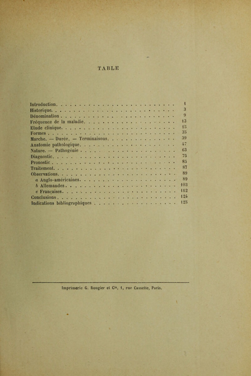 TABLE Introduction t Historique 3 Dénomination 9 Fréquence de la maladie - . 13 Etude clinique Formes 35 Marche. — Durée. — Terminaisons 39 Anatomie pathologique 47 Nature. — Pathogénie 63 Diagnostic 75 Pronostic 35 Traitement 37 Observations 39 n Anglo-américaines 89 b Allemandes 103 c Françaises H2 Conclusions 124 Indications bibliographiques 125 imprimerie G. Rougier et Cie, 1, rue Cassette, Paris.