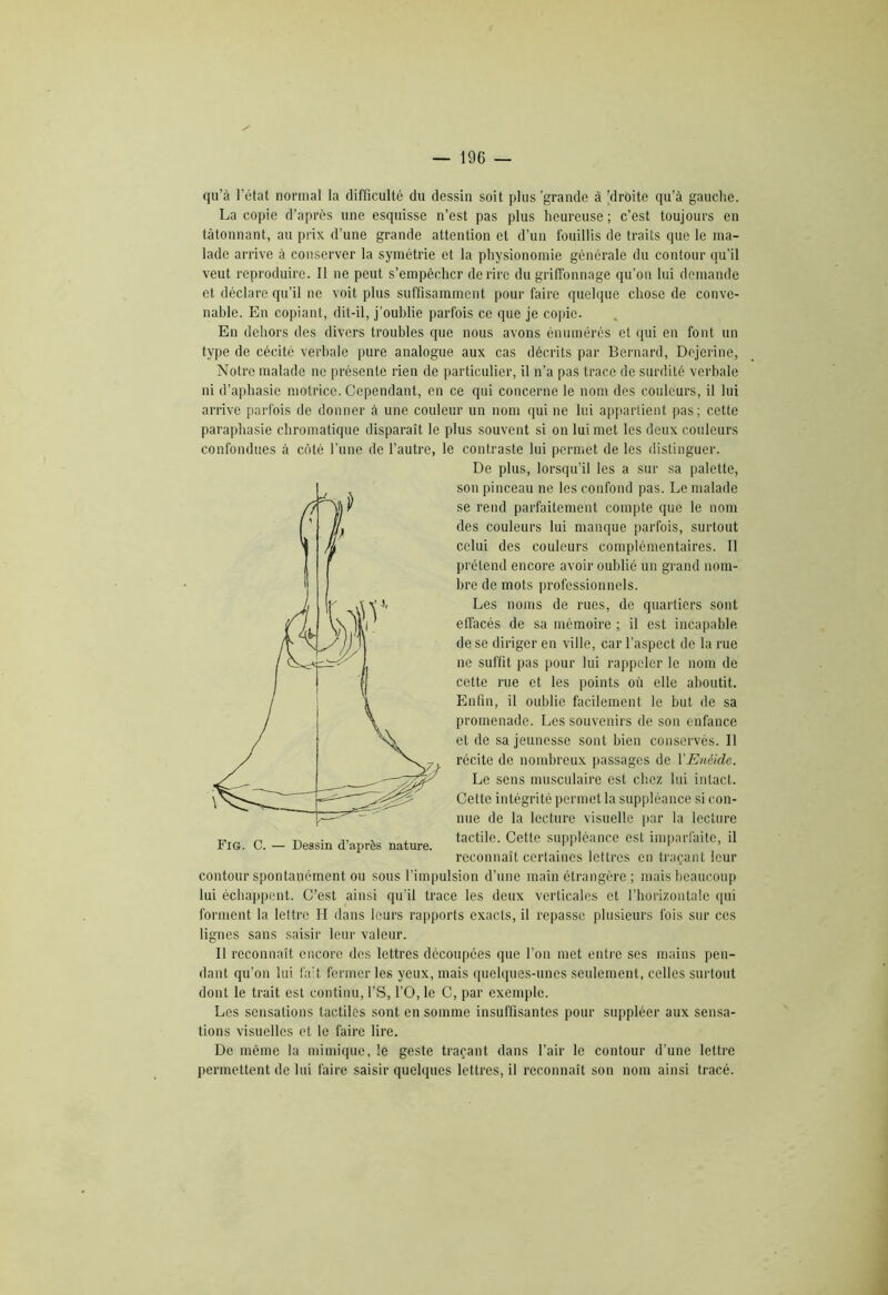 qu’à l’état normal la difficulté du dessin soit plus'grande à 'droite qu’à gauche. La copie d’après une esquisse n’est pas plus heureuse ; c’est toujours en tâtonnant, au prix d’une grande attention et d’un fouillis de traits que le ma- lade arrive à conserver la symétrie et la physionomie générale du contour qu’il veut reproduire. Il ne peut s’empêcher de rire du griffonnage qu’on lui demande et déclare qu’il ne voit plus suffisamment pour faire quelque chose de conve- nable. En copiant, dit-il, j’oublie parfois ce que je copie. En dehors des divers troubles que nous avons énumérés et qui en font un type de cécité verbale pure analogue aux cas décrits par Bernard, Dejerine, Notre malade ne présente rien de particulier, il n’a pas trace de surdité verbale ni d’aphasie motrice. Cependant, en ce qui concerne le nom des couleurs, il lui arrive parfois de donner à une couleur un nom qui ne lui appartient pas; cette paraphasie chromatique disparaît le plus souvent si on lui met les deux couleurs confondues à côté l’une de l’autre, le contraste lui permet de les distinguer. De plus, lorsqu’il les a sur sa palette, son pinceau ne les confond pas. Le malade se rend parfaitement compte que le nom des couleurs lui manque parfois, surtout celui des couleurs complémentaires. Il prétend encore avoir oublié un grand nom- bre de mots professionnels. Les noms de rues, de quartiers sont effacés de sa mémoire ; il est incapable de se diriger en ville, car l’aspect de la rue ne suffit pas pour lui rappeler le nom de cette rue et les points où elle aboutit. Enfin, il oublie facilement le but de sa promenade. Les souvenirs de son enfance et de sa jeunesse sont bien conservés. Il récite de nombreux passages de Y Enéide. Le sens musculaire est chez lui intact. Cette intégrité permet la suppléance si con- nue de la lecture visuelle par la lecture Fig. C. - Dessin d’après nature. tactile’ Cette SUPPléanCG est imparfaite, il reconnaît certaines lettres en traçant leur contour spontanément ou sous l’impulsion d’une main étrangère; mais beaucoup lui échappent. C’est ainsi qu’il trace les deux verticales et l’horizontale qui forment la lettre II dans leurs rapports exacts, il repasse plusieurs ibis sur ces lignes sans saisir leur valeur. Il reconnaît encore des lettres découpées que l’on met entre ses mains pen- dant qu’on lui fait fermer les yeux, mais quelques-unes seulement, celles surtout dont le trait est continu, l’S, l’O, le C, par exemple. Les sensations tactiles sont en somme insuffisantes pour suppléer aux sensa- tions visuelles et le faire lire. De même la mimique, le geste traçant dans l’air le contour d’une lettre permettent de lui faire saisir quelques lettres, il reconnaît son nom ainsi tracé.