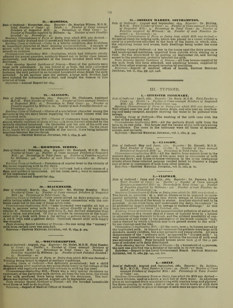 87.—HASTINGS. Date of Outbreak : November, 1893. Reporter; Dr. Scarlyn Wilson, M.O.H. Total Number 0' Cases: 40. Death: i. Number of Cases amongst Drinkers of Suspected Milk: 30. Percentage of Total Cases: 73. Number of Families supplied by Milkman : 64. Number of such Families invaded: 20. Percentage: 31. Sanitary Circumstances of Farm or Dairy from which Milk was derived.— Cowsheds badly drained and ill-paved and deficient in ventilation. Exciting Cause of Outbreak.—Cows in a febrile condition, due doubtless to insanitary character of their housing accommodation. A sample of mixed milk of the several cows showed bacteria (character not deter- mined) on analysis. Circumstances implicating Milk.—Scarlatina, which had hitherto chiefly affected the poorer quarters, suddenly blazed out in better class houses exclusively, and three-quarters of the homes invaded dealt with one dairyman. Facts showing Special Incidence of Disease.—Many of the patients were large milk consumers. In one school of 20 boys, the only 2 attacked were the only partakers of the milk separately each morning. In another instance, the only patient in an invaded household alone drank the milk unboiled. In yet another case, the patient, a large milk drinker, had been isolated for influenza for 12 days, and caught the disease in this interval of time. Reference.—Annual Report for 1893. 88,—GIA8GOU’. Date of Outbreak: December, 1893. Reporter: Dr. Chalmers, Assistant M.O.H. Total Number of Cases: 30. Number of Cases amongst Drinkers of Suspected Mlik: 28. Percentage to Total Cases: 93. Number oj Families supplied by Milkman: 80. Number of such Families invaded: ii. Percentage: 13.7. Exciting Cause of Onfftreat.—Illness of a scarlatinal character among the servants at the two dairy farms supplying the invaded houses with the implicated milk. Circumstances implicating Milk-fnooss of customers from the one farm almost wholly confined to those taking milk from the cart attended by the initially attacked farmhand. On December 21st the sale of the milk was stopped on the seizure and removal of one of the milkers. On the other farm, hands fell ill about the middle of the month, there being intimate relations between the two farms. Reference.—’Bnvns'a Medical Journal, vol. i, 1894, p. 426. 89.—RICHMOND. SURREY. Date of Outbreak: February, 1894. Reporter: Dr. Rowland, M.O.H. Total Number of Cases : ss. Number of Cases amongst Drinkers of Suspected Milk: $2. Percentage to Total Cases: gs. Number of Families supplied by Milkman: 416. Number of such Families invaded: 26. Percent- age : 6. Exciting Cause of Outbreak.—Prevalence of scarlet fever in the vicinity of the farms supplying milk to the dairy. Circumstances implicating .Vi!/. —The outbreak had a short course of 9 days, and suddenly terminated. All the cases, save 3, were in consumers of the implicated milk. Jfe/erence.—Annual Report for 1894. 30.—BLACKHEATH. Date of Outbreak: March, 1894. Reporter: Mr. Shirley Murphy. Total Number of Cases: 89. Number of Cases amongst Drinkers of Suspected Milk : 79. Percentage to Total Cases : 89. Exciting Cause of Outbreak.—Cowe newly calved on dairy premises ; also cattle having udder affections. But no causal connection with the out- break made out in the case of these milch cows. Circumstances implicating Milk.—Cases inci’eased very rapidly, all but 10 being in persons using milk from A., either directly or by way of the retailer B. Persons procuring milk from B., but derived elsewhere than at A’s dairy, not attacked. Of the 79 attacks in consumers of the impli- cated milk 55 took milk from A (he selling 27 gallons daily), and 24 from A. vid B. (who sold 17 gallons daily). Outbreak ceased after milk supply was stopped. Facts showing Special Incidence of Disease.—Ho one using the “nursery” milk from certain cows was attacked. Re/erenee.—British Medical Journal, vol. ii, 1894, p. 324. 31.—WOIVERHAMPTON. Date 0/Oufftreafc; August, 1894. Reporter: Dr. Malet, M.O.H, Total Number of Cases: 55. Deaths: i. Number of Cases amongst Drinkers of Suspected Milk: 15. Percentage to Total Cases: 27. Number of Families Supplied by Milkman : 50. Number of such Families Invaded: II. Percentage : 22. Sanitary Circumstances of Farm or Dairy from which Milk was Derived.— Nothing wrong found in regard of sanitary conditions. Exciting Cause of Outbreak.—Not definitely ascertained; but a child desquamating after scarlatina was going about freely in the cottage of the shepherd who regularly assisted the cowman in milking the cows. Circumstances implicating Milk.—There was a very special incidence on customers of the particular milk service, all from the one farm, the whole of the milk produced there being taken by the dairyman. The inci- dence was limited to the period, August 13th to September 2nd. Facts showing Special Incidence of Disease.—Nil the Invaded households were those of well-to-do families. Reference.—Report of Medical Officer of Health. 38.—8IIIRUEY WARREN. SOUTHAMPTON. Date of Outbreak: August and September, 1894. Reporter: Dr. Shirley, M.O.H. Total Number of Cases : ii. Number of Cases amongst Drinkers of Suspected Milk: 9. Percentage to Total Cases: 82. Number of Families supplied by Milkman: 18. Number of such Families In- vaded : 4. Percentage : 22. Sanitary Circumstances of Farm or Dairy from which Milk was derived.— No special room for lodging milk, which was placed in a vessel without a cover in a penthouse attached to the back of the house, to which, also, the adjoining house had access, both dwellings being under the same roof. Exciting Cause of Outbreak.—A boy in the house next the dairy premises had unrecognised scarlatina, imported from outside while staying on a visit. He was discovered to be peeling on September 7th, and having access to the penthouse, probably infected the milk. Facts showing Special Incidence of Disease.—All four houses supplied by the milk from this farm attacked, and adjoining houses, supplied by milk from other sources, escaped invasion by scarlatina. Re/erence.—Report of medical officer of health, British Medical Journal, vol, ii, 1894, pp. 956,1408. III.- TYPHOID. 1.—lEII'EHTER INFIRMARY. Date of Outbreak : April, 1882. Reporter : Dr. Buck, M.O.H. Total Number oj Cases: n. Deaths : 2. Number of Cases amongst Drinkers of Suspected Milk: All. Percentage to Total Cases : 100. Sanitary Circumstances of Farm or Dairy from which Milk was derived.— Well situate near the end of the house drain, and also near an overflow- ing and leaky cesspool, analysis showing the water to be polluted with sewage. Exciting Cause of Outbreak.—The washing of the milk cans with the water of the polluted well. Circumstances implicating Milk.—All the patients drank milk from the farm in its raw state. The farmer and the vendor of the milk were among the sufferers. The cases in the infirmary were all those of dressers, nurses, and servants. Re/erence.—British Medical Journal, vol. i, 1882, p. 549. 8.—GllSGOW. Date of Outbreak: May and June, 1882. Reporter: Dr. Russell, M.O.H. Total Number of Cases: 59. Deaths: 6. Number of Cases amongst Drinkers of Suspected Milk: 50. Percentage to Total Cases: 85. Circumstancesimplicating Milk.—All the deaths from enteric fever in the western district, and 85 per cent, of the cases were in consumers of milk from one dairy; and house-to-house visitation in the seven contiguous streets where these infected persons resided failed to discover a single case of fever in consumers of milk from other sources. Re/ercnce.—British Medical Journal, vol. ii, 1882, p. 61. 3.—UlAPHAM. Date of Outbreak: June and July, 1882. Reporter: Dr. Parsons, L.G.B. Total Number of Cases: 22. Deaths: 3. Number of Cases ammgst Drinkers OJ suspected .Uilk : 21. Percentage to Total Cases : gs. Number of Families supplied by Milkman: ii8. Number of such Families in- vaded : 16. Percentage : 14. Sanilary Circumstances of Farm or Dairy from which the Milk was derived.— Two farms in question: at 1, well so situate as to be exposed to exore- mental pollution from a brook into which sewage of adjacent village flowed. Cattle drank of the brook in winter. Analysis showed well to be polluted. At the other farm, well underneath the dairy, its contents “ in all probability largely polluted by sewage or surface drainage.” At this farm two cases of “• low fever ” in October, 18S1. Exciting Cause of Outbreak.—The unquestionable pollution of wellat first farm ; existence at a recent date of 6 cases of typhoid fever in 3 houses in adjacent village draining to brook, and the evident possibility of con- tamination of well water by the percolation of the brook contents “ indi- cate a channel by which infection may have gained access to the milk” by can rinsings and the like. Circumstances implicating Milk.—A\l the cases, save i, in houses served by the implicated milk. In almost all instances the patients were large milk drinkers, mostly children, but a few servants and young adults. All were in consumers of the “ ordinary milk” as opposed to “ nursery milk.” In very many households which escaped invasion the amount of milk used was extremely small. Four invaded houses alone took 3I of the 32 gal- lons of ordinary milk daily distributed. Facts showing Special Incidence of Disease.—In i household of 15 persons, the only one attacked was a drinker of the milk in its raw state. Re/erenee.—Report to the Local Government Board. British Medical Journal, vol. ii, 1882, pp. 142, 216, S16. 4.—SHELF. Date'of Outbreak: An^nat and September, 1882. Reporter: Dr. Britton, M.D., M.O.H. Total Number of Cases: II. Death: i. Number of Cases amongst Drinkers of Suspected Milk: All. Percentage to Total Number of Cases: 100. Sanitary Circumstances of Farm or Dairy from which the Milk was derived.— In back kitchen, used as a dairy, a sink full of dirty water. In adjoining place an untrapped drain communicating with manure heap andpigstyes; the drain coming to within 2 feet of table on which bowls of milk were stored, and actually in place of storage of milk cans an open door dividing