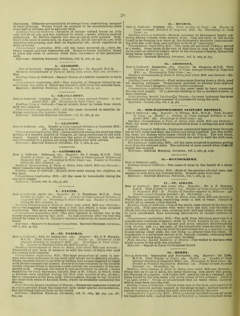 the rooms. Offensive accumulation of sewage from overflowing cesspool in front of house. Waters found on analysis to be unsatisfactory alike f) om well in kitchen and in adjacent field. Jixcitinq Cause of Outbreak.—Relative of farmer visited house on July nth, fell ill on 21st, and was confined to house 3 weeks without medical attendance. Dr. Britton regards the ease as one of mild typhoid Rela- tive’s wife came to nurse him on August 14th, fell ill herself on 21st, with vomiting and purging, and died on September 6th ; death registered as from apoplexy. Circumstances implicating Milk.—All the cases occurred on 5 days, be- tween August 24th and September 3rd. House-to-house visitation failed to trace any cases in persons other than consumers of the particular milk. JJe/erc)ice.—British Medical Journal, vol. ii, 1882, p. 749. .I.—GLASGOW. Date of Outbreak : September, 1882. Reporter: Dr. Russell, M.O.H. Sanitary Circumstances of Farm or Dairy from which Milk was Derived.— Bad. Exciting Cause of Outbreak.—Recent illness of a febrile character in farm house. Circumstances implicating Milk.—Two suburbs of Glasgow visited by en- teric fever, the cause of which was traced to milk from the infected farm. Reference.—BRvnsa Medical Journal, vol. ii, 1882, p. 590. e.—GK.WGH.UOXT. Date of Outbreak : October, 1882. Number of Cases atnongst Drinker of Sus- pected Milk : All Percentage to Total Cases : 100. Exciting Cause of Outbreak.—ol enteric fever in house from which milk was supplied. Circumstances implicating MHk.—A.\\ the cases occurred in families de- riving milk from the infecteu house. Reference.—Darnsn Medical Journal, vol. ii, 1882, p. 911. 7.—GLASGOW. Date oj Outbreak : 1882. Number of Cases amongst Drinkers of Susvected Milk: All. Percentage to Total Cases : 100. Circumstances implicating Milk.—Sharp outbreak among the working class portion of a western district of Glasgow, all being consumers of one milk supply. Inquiry failed to discover the point of infection, but not one case discovered in a person not using the particular milk service. Ae/ereiice.—British Medical Journal, vol. i, 1882, p. 954. 8.—GATESHEAD. Date of Outbreak : February, 1883. Reporter: Dr. C. Green, M.O.H. Total Number of Cases : 44. Deaths: 6. Number of Cases amongst Drinkers of Suspected Milk : 44. Percentage to Total Cases : 100. Nurriber of Families taking the Milk Invaded : 30. Sanitary Circumstances of Farm or Dairy from which Milk was Derived.— Dairy utensils 1 ept in dirty scullei-y. Exciting Cause of Outbreak.—Enteric fever cases among the children on the farm. Circumstances implicating Milk.—N\\ the cases in households taking the one milk supply. Reference.—Lancet, vol. ii, 1883, p. 986. !».—EXETER. Date of Outbreak: April, 1883. Reporter: Dr. L. Woodman, M.O.H. Total Number of Cases: 20. Deaths: 3. Number of Cases amongst Drinkers of t uspecte.d Mlik: 20. Percentage to Total Cases : 100. Number of Families taking the Milk invaded: 8. Sanitary Circumstances of Farm or Dairy from which Milk was Derived,— Dairy was supplied with water from a well into which a large cesspool overflowed. This dairy was situated outside city boundary. Circumstances implicating Milk.—The only typhoid in Exeter was in the houses of persons taking this milk. No case occurred after the well was closed by order of the St. Thomas’s Sanitary Authority on examination of water. Reference.—Reports to Sanitary Committee. British Medical Journal, vol. i, 1883, p. 875. 10.—ST. PAJfCRAS. Date of Outbreak : July to September, 1883. Reporter: Mr. S. F. Murphy, M.O.H. Total Number of Cases: 431. Deaths: 30. Numberof Cases amongst Drinkers of Suspected Milk; 350. Percentage to Total'Cases: 81. Number of Families taking the Milk invaded: 276. Sanitary Circumsiances of Farm or Dairy from which Milk was derived.— Proximity at one farm of cesspool to well, the water of which was used for 1 insing milk utensils. Circumstances implicating Milk.—The large proportion of cases in per- sons who were customers of one local milk dealer led to detailed Inquiry, w'hich resulted almost invariably in finding that houses supplied by other milk dealers escaped the disease. House-to-house visitation in the locality mostly affected failed to discover a case outside the customers of the sus- pected milk. Suspicion was found to rest particularly on one of 3 farms supplying the local dairyman, namely, that at St. Albans, in which town 12 persons were attacked during the first nine months of 1883, all but i being consumers of the farm milk: this exception, strange to say, received the same milk while at Kentish Town, where he evidently contracted the disease. Facts showing Special Incidence of Disease.—Numerous instances occurred in whicli persons drank the suspected milk under special circumstances, and developed typhoid fever as the result. Rc/erence.—British Medical Journal, vol. ii, 1883, pp. 505, 53s, 588, 653. 747. 11.—mxi>EE. Date of Outbreak: October, 1883. Total Number of Cases: 118. Numberof Cases amongst Drinkers of Suspected Milk: 82. Peercentage to Total Cases: 70. Exciting Cause, of Outbreak.—Sovoral members of dairyman’s family suf- fering during October from enteric fever. One boy early in the month found to be sleeping in a room at the dairyman’s premises communicat- ing with the milk shop, and certified to be ill of “ neuralgia.” Circumstances implicating Milk.—The cases all occurred within a period of 3 weeks. Steps taken at the end of that time to stop the milk supply on account of certified enteric fever in the dairyman’s family, this action being taken under a local Act. Re/erence.—British Medical Journal, vol. ii, 1883, p. 839. 12.—ABEKI>EEX. Date of Outbreak: December, 1883. Reporter: Di. Simpson, M.O.H. Total Number of Cases: 25. Number of Cases amongst Drinkers of Suspected Milk: 25. Percentage to Total Cases : 100. Sanitary circumstances of Farm or Dairy from which Milk was Derived.—Ex- tremely bad. Exciting Cause of Outbreak.—Foul watercourse flowing down a ditch, used for dairying purposes. Watercourse polluted by excreta from typhoid case. Dairyman’s daughter ill from bowel complaint. Circumstances implicating Milk.—All the cases seem to have consumed the one milk supply. Of 52 persons residing in the 13 invaded houses, 25 were attacked. Facts showing Special Incidencelfif Disease.—In some instances the fever attacked only the single member of a household using the milk. Reference.—Lancet, 1884, vol. i. p. 487. 13.—MID-WAKHTCKSHIRE SANITARY DISTRICT. ' Date of Outbreak: 1SS3. Reporter ; G. Wilson, M.D., M.O.H. Total Number f of Cases: 12. Deaths: i. Number of Cases amongst Drinkers of Sus- pected Milk : All. Percentage to Total Cases : 100. ' , Sanitary Circumstances of Farm or Dairy from which Milk was Derived.— Well, the water of which received pollution from a contiguous and leaky cesspool. Exciting Cause of Oufftreafc.—Dairyman contracted typhoid fever through use of well water and died, the illness not being reported. Son also suffer- ing from the disease when house visited by Dr. Wilson. The well water, having become specifically contaminated, was used to wash the milk cans, if not also to dilute the milk. Circumstances implicating Milk.—All the cases occurred in persons getting muk from the infected dairy. The outbreak at once ceased when the|milk supply was stopped. Refererece.—British Medical Journal, vol. i, 1883, p. 1136. 14.—BANNOCKBURN. Date of Outbreak.—1883. Exciting Cause of Outbreak.—Two cases of fever in the family of a dairy- man. Circumstances implicating Milk.—Most of the persons affected were con- sumers of milk from the infected dairy. Several cases were fatal. Re/erence.—British Medical Journal, vol. i, 1883, p. 375. l.l.—ST. ALBANS. Date of Outbreak: May and June, 1884. Reporter: Mr. S. F. Murphy, L.G.B. Total Number of Cases : 131. Number of Cases amongst Drinkers of Suspected Milk : 86 Number of Families supplied by Milkman : 396. Number of such Families invaded : 86. Percentage : 21.7. Sanitary Circumstances of Farm or Dairy from which Milk was derived.— Well at farm 100 feet deep, containing some 12 feet of water. Cesspit of bricks set in cement 20 feet distant. Exciting Cause of Outbreak.—One of the milch cows calved at the farm on April 20th. Milk cans rinsed with water from the well, into the sides of wliich well the roots of a tree, covering both well and cesspit, were found to have penetrated, thus favouring percolation of cesspit contents to well. Circumstances implicating Milk.—The milk from this farm gave rise to a considerable outbreak of enteric fever in North London in 1883 (No. 10). In the present outbreak, the farmer and seven retailers distributed the milk locally, and 21.7 percent, of the households were invaded in the epidemic period. In the city itself the percentage was 21. i, against 0.14 on houses taking other milk, the one being 150 greater than the other. Of households in a pai'ticular section of St. Pancras, London, obtaining their milk from the same farm, 15.0 per cent, invaded. Facts showing Special Incidence of Disease.—One visitor to the farm who drank a glass of the milk was attacked. Re/'erence.—Report to Local Government Board. 16.—DERBY. Dale OJ Outbreak : September and November, 1884. Reporter : Dr. Iliffe, M.O.H. Total Number of Cases: 289. Deaths: 31. Numberof Cases amongst Drinkers of Suspected. Milk : 258. Percentage to Total Ca.ses : 89. Number of Families Supplied by Milkman: 188. Number of such Families Invaded: 122. Percentage: 65. Sanitary Circumstances oJ Farm, or Dairy from which Milk was Derived.— Pump well on brink of ditch, the latter receiving, just above this pump, the drainage of a pigstye, and higher still, opening out as a cesspool, and being fouled by the slop water and privy refuse of two cottages Ditch is “ an open sewer.” Pump so constructed that all waste water, however fouled,runs back into the well. Exciting Cause of Oirtftreat.—Initial fever case at the farm, and napkins of this first typhoid patient washed in the pump trough; mother-nurse of patient engaging in washing the milk cans and milking the cows. Circumstances implicating JIiR'.—First 15 outside invaded houses all using the implicated milk ; and all but one of the first 37 houses attacked doing