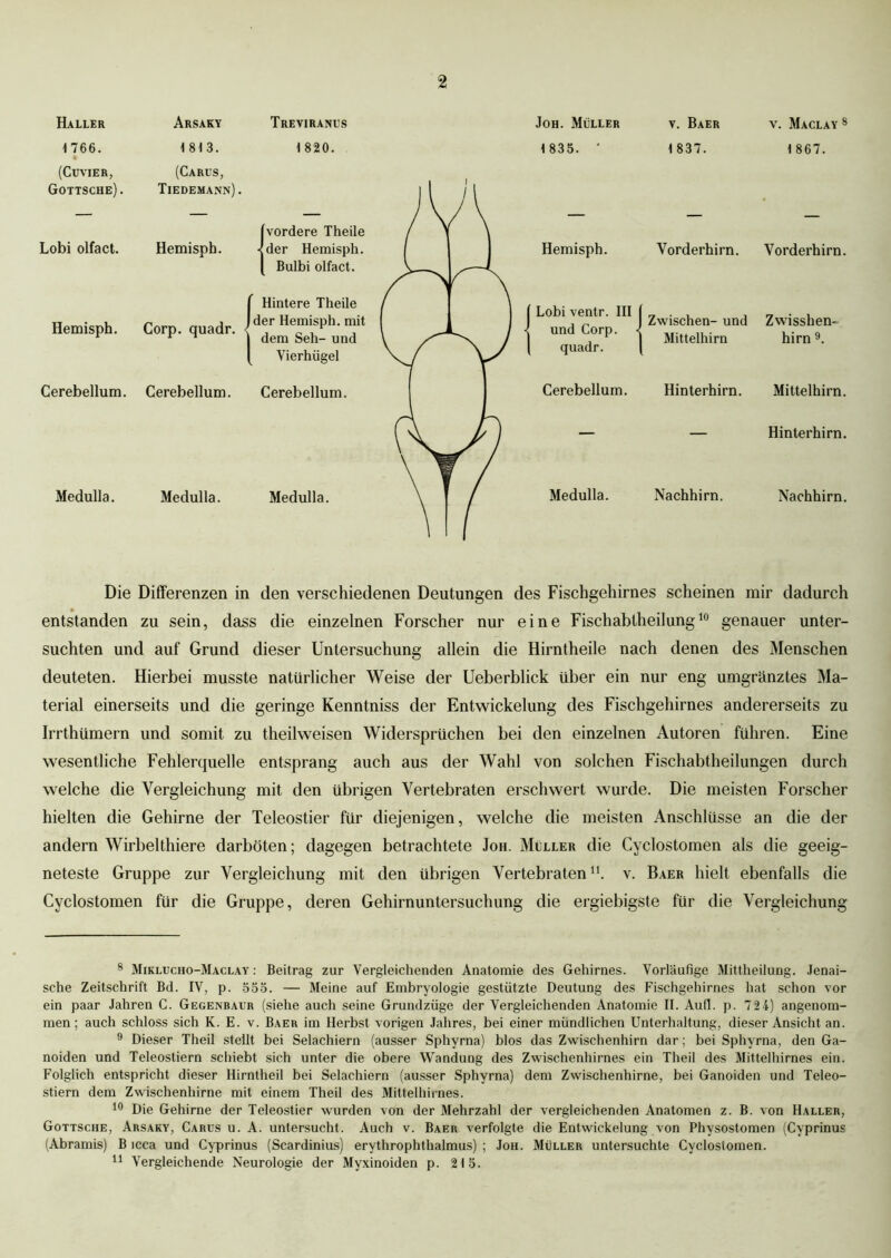 2 Haller 1 766. • (CUVIER, Gottsche). Arsaky 1 813. (Carus, Tiedemann). Treviranus 1 820. Lobi olfact. Hemisph. Hemisph. Corp. quadr. Cerebellum. Cerebellum. Medulla. Medulla. Joh. Müller v. Baer v. Maclay 8 1 835. ' 1 837. 1 867. Hemisph. Lobi ventr. III und Corp. quadr. Vorderhirn. Vorderhirn. Zwischen- und Zwisshen- Mittelhirn hirn9. Cerebellum. Hinterhirn. Mittelhirn. — — Hinterhirn. Medulla. Nachhirn. Nachhirn. Die Differenzen in den verschiedenen Deutungen des Fischgehirnes scheinen mir dadurch entstanden zu sein, dass die einzelnen Forscher nur eine Fischabtheilung10 genauer unter- suchten und auf Grund dieser Untersuchung allein die Hirntheile nach denen des Menschen deuteten. Hierbei musste natürlicher Weise der Ueberblick über ein nur eng umgränztes Ma- terial einerseits und die geringe Kenntniss der Entwickelung des Fischgehirnes andererseits zu Irrthümern und somit zu theilweisen Widersprüchen bei den einzelnen Autoren führen. Eine wesentliche Fehlerquelle entsprang auch aus der Wahl von solchen Fischabtheilungen durch welche die Vergleichung mit den übrigen Vertebraten erschwert wurde. Die meisten Forscher hielten die Gehirne der Teleostier für diejenigen, welche die meisten Anschlüsse an die der andern Wirbelthiere darböten; dagegen betrachtete Joh. Müller die Cyclostomen als die geeig- neteste Gruppe zur Vergleichung mit den übrigen Vertebraten11, v. Baer hielt ebenfalls die Cyclostomen für die Gruppe, deren Gehirnuntersuchung die ergiebigste für die Vergleichung 8 Miklucho-Maclay : Beitrag zur Vergleichenden Anatomie des Gehirnes. Vorläufige Mittheilung. Jenai- sche Zeitschrift Bd. IV, p. 555. — Meine auf Embryologie gestützte Deutung des Fischgehirnes hat schon vor ein paar Jahren C. Gegenbaur (siehe auch seine Grundzüge der Vergleichenden Anatomie II. Aufi. p. 724) angenom- men; auch schloss sich K. E. v. Baer im Herbst vorigen Jahres, bei einer mündlichen Unterhaltung, dieser Ansicht an. 9 Dieser Theil stellt bei Selachiern (ausser Sphyrna) blos das Zwischenhirn dar; bei Sphyrna, den Ga- noiden und Teleostiern schiebt sich unter die obere Wandung des Zwischenhirnes ein Theil des Mittelhirnes ein. Folglich entspricht dieser Hirntheil bei Selachiern (ausser Sphyrna) dem Zwischenhirne, bei Ganoiden und Teleo- stiern dem Zwischenhirne mit einem Theil des Mittelhirnes. 10 Die Gehirne der Teleostier wurden von der Mehrzahl der vergleichenden Anatomen z. B. von Haller, Gottsche, Arsaky, Carus u. A. untersucht. Auch v. Baer verfolgte die Entwickelung von Physostomen (Cyprinus (Abramis) B icca und Cyprinus (Scardinius) erythrophthalmus) ; Joh. Müller untersuchte Cyclostomen.