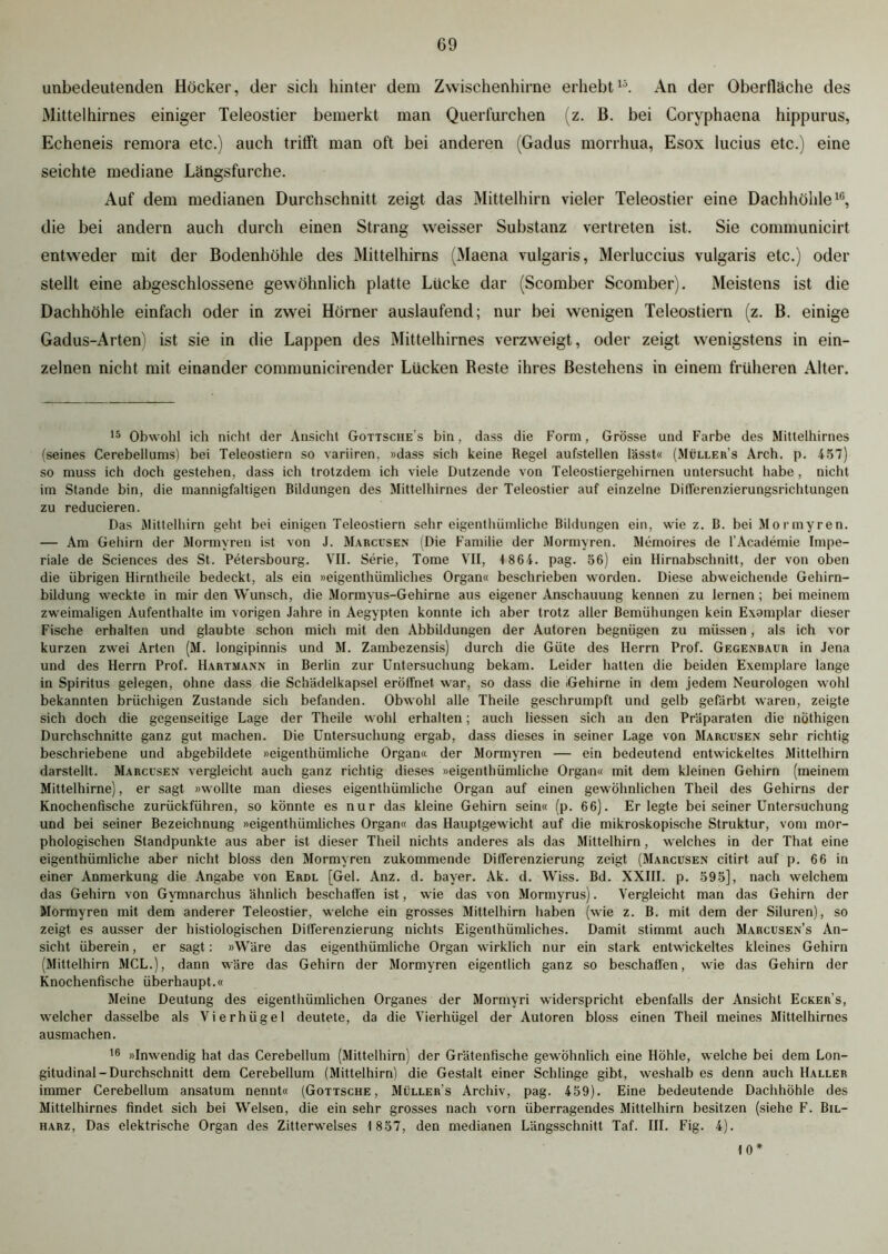 unbedeutenden Höcker, der sich hinter dem Zwischenhirne erhebt15. An der Oberfläche des Mittelhirnes einiger Teleostier bemerkt man Querfurchen (z. B. bei Coryphaena hippurus, Echeneis remora etc.) auch trifft man oft bei anderen (Gadus morrhua, Esox lucius etc.) eine seichte mediane Längsfurche. Auf dem medianen Durchschnitt zeigt das Mittelhirn vieler Teleostier eine Dachhöhle16, die bei andern auch durch einen Strang weisser Substanz vertreten ist. Sie communicirt entweder mit der Bodenhöhle des Mittelhirns (Maena vulgaris, Merluccius vulgaris etc.) oder stellt eine abgeschlossene gewöhnlich platte Lücke dar (Scomber Scomber). Meistens ist die Dachhöhle einfach oder in zwei Hörner auslaufend; nur bei wenigen Teleostiern (z. B. einige Gadus-Arten) ist sie in die Lappen des Mittelhirnes verzweigt, oder zeigt wenigstens in ein- zelnen nicht mit einander communicirender Lücken Reste ihres Bestehens in einem früheren Alter. 15 Obwohl ich nicht der Ansicht Gottsche's bin, dass die Form, Grösse und Farbe des Mittelhirnes (seines Cerebellums) bei Teleostiern so variiren, »dass sich keine Regel aufstellen lässt« (Müllers Arch. p. 457) so muss ich doch gestehen, dass ich trotzdem ich viele Dutzende von Teleostiergehirnen untersucht habe , nicht im Stande bin, die mannigfaltigen Bildungen des Mittelhirnes der Teleostier auf einzelne DifTerenzierungsrichtungen zu reducieren. Das Mittelhirn geht bei einigen Teleostiern sehr eigenthiimliche Bildungen ein, wie z. B. bei Mormyren. — Am Gehirn der Mormyren ist von J. Marcusen (Die Familie der Mormyren. Memoires de l’Academie Impe- riale de Sciences des St. Petersbourg. VII. Serie, Tome VII, 1 864. pag. 56) ein Hirnabschnitt, der von oben die übrigen Hirntheile bedeckt, als ein »eigenthiimliches Organ« beschrieben worden. Diese abweichende Gehirn- bildung weckte in mir den Wunsch, die Mormyus-Gehirne aus eigener Anschauung kennen zu lernen ; bei meinem zweimaligen Aufenthalte im vorigen Jahre in Aegypten konnte ich aber trotz aller Bemühungen kein Examplar dieser Fische erhalten und glaubte schon mich mit den Abbildungen der Autoren begnügen zu müssen, als ich vor kurzen zwei Arten (M. longipinnis und M. Zambezensis) durch die Güte des Herrn Prof. Gegenbaur in Jena und des Herrn Prof. Hartmann in Berlin zur Untersuchung bekam. Leider halten die beiden Exemplare lange in Spiritus gelegen, ohne dass die Schädelkapsel eröffnet war, so dass die Gehirne in dem jedem Neurologen wohl bekannten brüchigen Zustande sich befanden. Obwohl alle Theile geschrumpft und gelb gefärbt waren, zeigte sich doch die gegenseitige Lage der Theile wohl erhalten; auch Hessen sich an den Präparaten die nüthigen Durchschnitte ganz gut machen. Die Untersuchung ergab, dass dieses in seiner Lage von Marcusen sehr richtig beschriebene und abgebildete »eigenthümliche Organ« der Mormyren — ein bedeutend entwickeltes Mittelhirn darstellt. Marcusen vergleicht auch ganz richtig dieses »eigenthümliche Organ« mit dem kleinen Gehirn (meinem Mittelhirne), er sagt »wollte man dieses eigenthümliche Organ auf einen gewöhnlichen Theil des Gehirns der Knochenfische zurückführen, so könnte es nur das kleine Gehirn sein« (p. 66). Erlegte bei seiner Untersuchung und bei seiner Bezeichnung »eigenthiimliches Organ« das Hauptgewicht auf die mikroskopische Struktur, vom mor- phologischen Standpunkte aus aber ist dieser Theil nichts anderes als das Mittelhirn, welches in der That eine eigenthümliche aber nicht bloss den Mormyren zukommende Differenzierung zeigt (Marcusen citirt auf p. 66 in einer Anmerkung die Angabe von Erdl [Gel. Anz. d. bayer. Ak. d. Wiss. Bd. XXIII. p. 595], nach welchem das Gehirn von Gvmnarchus ähnlich beschaffen ist, wie das von Mormyrus). Vergleicht man das Gehirn der Mormyren mit dem anderer Teleostier, welche ein grosses Mittelhirn haben (wie z. B. mit dem der Siluren), so zeigt es ausser der histiologischen Differenzierung nichts Eigenthümliches. Damit stimmt auch Marcusen’s An- sicht überein, er sagt: »Wäre das eigenthümliche Organ wirklich nur ein stark entwickeltes kleines Gehirn (Mittelhirn MCL.), dann wäre das Gehirn der Mormyren eigentlich ganz so beschaffen, wie das Gehirn der Knochenfische überhaupt.« Meine Deutung des eigenthümlichen Organes der Mormyri widerspricht ebenfalls der Ansicht Ecker’s, welcher dasselbe als Vierhügel deutete, da die Vierhügel der Autoren bloss einen Theil meines Mittelhirnes ausmachen. 16 »Inwendig hat das Cerebeilum (Mittelhirn) der Grätenfische gewöhnlich eine Höhle, welche bei dem Lon- gitudinal-Durchschnitt dem Cerebeilum (Mittelhirn) die Gestalt einer Schlinge gibt, weshalb es denn auch Haller immer Cerebeilum ansatum nennt« (Gottsche , Müller s Archiv, pag. 459). Eine bedeutende Dachhöhle des Mittelhirnes findet sich bei Welsen, die ein sehr grosses nach vorn überragendes Mittelhirn besitzen (siehe F. Bil- harz, Das elektrische Organ des Zitterwelses 1 857, den medianen Längsschnitt Taf. III. Fig. 4). 10