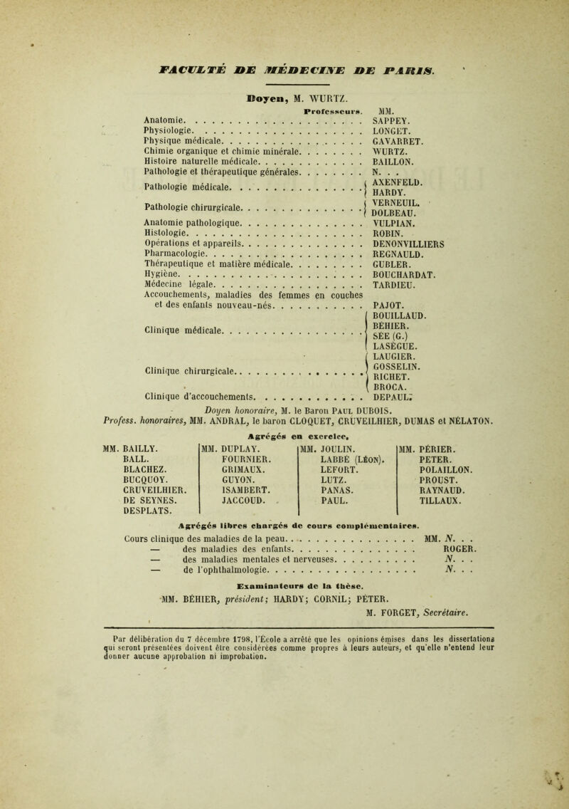 vavuijTe nm ifMEnmciNjE nm paums. Doyen, M. WURTZ. Professeurs. MM. Anatomie Physiologie Physique médicale Chimie organique et chimie minérale Histoire naturelle médicale Pathologie et thérapeutique générales, Pathologie médicale, Pathologie chirurgicale Anatomie pathologique Histologie Opérations et appareils Pharmacologie Thérapeutique et matière médicale Hygiène Médecine légale Accouchements, maladies des femmes en couches et des enfants nouveau-nés Clinique médicale. . . . Clinique chirurgicale.. . Clinique d’accouchements. SAPPEY. LONGET. GAVARRET. WURTZ. BAILLON. N. . . AXENFELD. HARDY. VERNEUIL. DOLBEAU. VULPIAN. ROBIN. DENONVILLIERS REGNAULD. GUBLER. BOUCHARDAT. TARDIEU. PAJOT. BOUILLAUD. BÉHIER. SÉE (G.) LASÈGUE. LAUGIER. GOSSELIN. RICHET. BROCA. depaul; Doyen honoraire, M. le Baron Paul DUBOIS. Profess. honoraires, MM. ANDRAL, le baron CLOQUET, CRUVEILHIER, DUMAS et NÉLATON. Agrégés en excreicc. MM. PÉRIER. PETER. POLAILLON. PROUST. RAYNAUD. TILLAUX. Agrégés libres chargés de cours coiupléuientaires. Cours clinique des maladies de la peau. MM. iV. . . — des maladies des enfants ROGER. — des maladies mentales et nerveuses N. . . — de l’ophthalmologie N. . . BAILLY. MM. DUPLAY. MM. JOULIN. BALL. FOURNIER. LABBÉ (Léon). BLACHEZ. GRIMAUX. LEFORT. BUCQUOY. GUYON. LUTZ. CRUVEILHIER. ISAMBERT. PANAS. DE SEYNES. DESPLATS. JACCOUD. . PAUL. Examinateurs de la thèse. ■MM. BÉHIER, président; HARDY; CORNIL; PÉTER. M. FORGET, Secrétaire. Par délibération du 7 décembre 1798, l’École a arrêté que les opinions émises dans les dissertations qui seront présentées doivent être considérées comme propres à leurs auteurs, et qu’elle n’entend leur donner aucune approbation ni improbation.