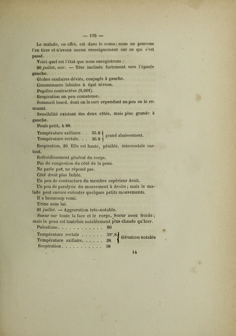 Le malade, en effet, est dans le coma; nous ne pouvons l’en tirer et n’avons aucun renseignement sur ce qui s’est passé. Voici quel est l’état que nous enregistrons .• 20 juillet, soir. — Tête inclinée fortement vers l’épaule gauche. Globes oculaires déviés, conjugés à gauche. Commissures labiales à égal niveau. Pupilles contractées (0,001). Respiration un peu comateuse. Sommeil lourd, dont on le sort cependant un peu en le re- muant. Sensibilité existant des deux côtés, mais plus grande à gauche. Pouls petit, à 88. grand abaissement. Température axillaire . . 35.8 ) Température rectale. . . 36.8 j Respiration, 20. Elle est haute, pénible, intercostale sur- tout. Refroidissement général du corps. Pas de congestion du côté de la peau. Ne parle pa?, ne répond pas. Côté droit plus faible. Un peu de contracture du membre supérieur droit. Un peu de paralysie du mouvement à droite ; mais le ma- lade peut encore exécuter quelques petits mouvements. Il a beaucoup vomi. Urine sous lui. 21 juillet. — Aggravation très-notable. Sueur sur toute la face et le corps. Sueur assez froide; mais la peau est toutefois notablement plus chaude qu’hier. Pulsations . . 80 Température rectale . . . . . . 39% Température axillaire. . . . . . 38 Respiration . . 38 élévation notable 14