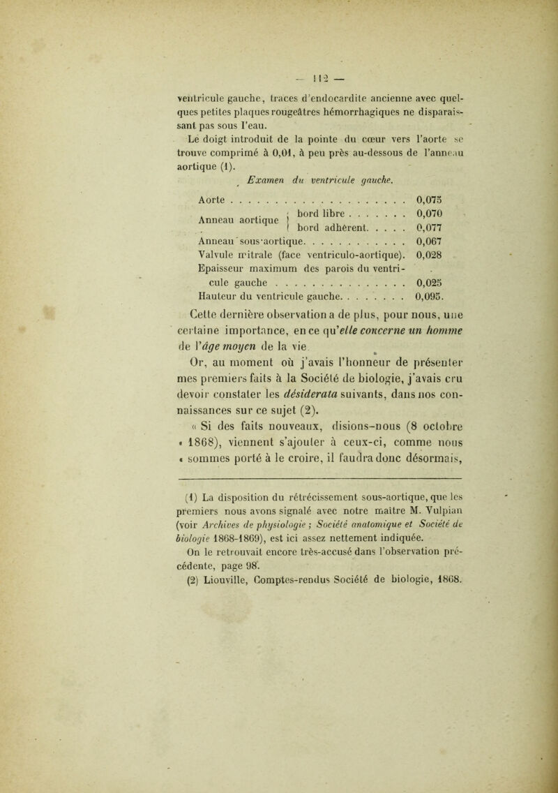 ventricule gauche, traces d’endocardite ancienne avec quel- ques petites plaques rougeâtres hémorrhagiques ne disparais- sant pas sous l’eau. Le doigt introduit de la pointe du cœur vers l’aorte se trouve comprimé à 0,01, à peu près au-dessous de l’anneau aortique (1). Examen du ventricule gauche. Aorte . ; bord libre Anneau aortique , ! bord adhérent Anneau ' sous'aortique Valvule mitrale (face ventriculo-aortique). Epaisseur maximum des parois du ventri- cule gauche Hauteur du ventricule gauche 0,075 0,070 0,077 0,067 0,028 0,025 0,095. Cette dernière observation a de plus, pour nous, une certaine importance, en ce c\n'elle concerne un honwie de Vâge moyen de la vie Or, au moment où j’avais l’honneur de préseuler mes premiers faits à la Société de biologie, j’avais cru devoir constater les désiderata dans nos con- naissances sur ce sujet (2). (( Si des faits nouveaux, disions-nous (8 octobre • 1868), viennent s’ajouter à ceux-ci, comme nous « sommes porté à le croire, il faudra donc désormais, (1) La disposition du rétrécissement sous-aortique, que les premiers nous avons signalé avec notre mjaître M. Vulpian (voir Archives de physiologie ; Société anatomique et Société de biologie 1868-1869), est ici assez nettement indiquée. On le retrouvait encore très-accusé dans l’observation pré- cédente, page 98. (2) Liouville, Comptes-rendus Société de biologie, 1868.
