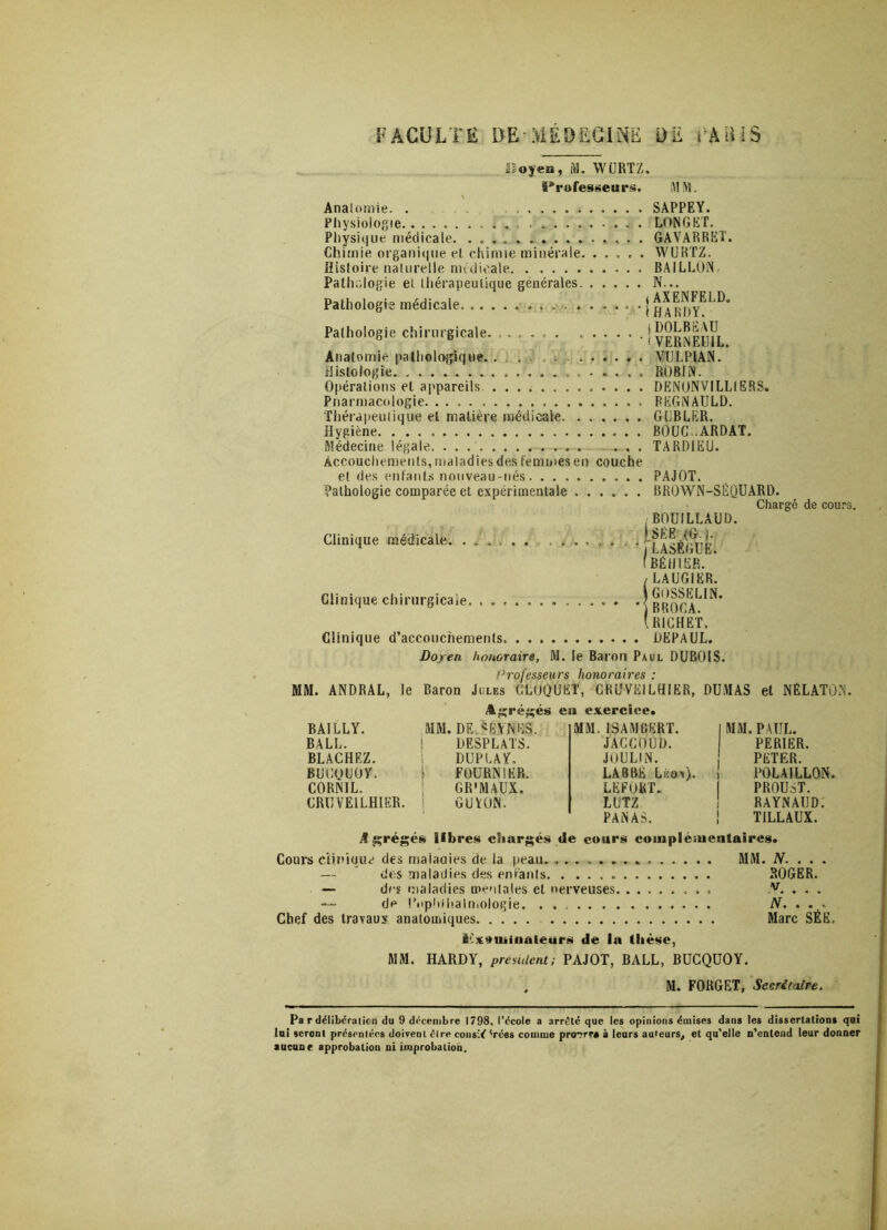 FACULTE DE’MÉDECINE m rAiilS JSoyeu, iU. WÜRTZ. Professeurs, MM. Anatomie. . SAPPEY. Physiologie. . * . . LONGET. Physique médicale. GAVARRET. Chimie organique et chimie minérale. ..... WURTZ. Histoire naturelle médicale BAILLON. Pathologie et thérapeutique générales. . . Pathologie médicale. . . Pathologie chirurgicale. ...... ... N... < AXENFELD. (HARDY. jDOLBKAU ' f VERNEUIL. . VULPIAN. Anatomie pathologique. ... .... Histologie ROBIN. Opérations et appareils. DEN0NVILL1ERS. Pnarmacologie BEGNAULD. Thérapeutique et matière médicale GUBLER. Hygiène. . BOUC .ARDAT. Médecine légale . . .... TARDIEU. Accouchements, maladies des femmes eu couche et des enfants nouveau-nés PAJOT. Pathologie comparée et expérimentale BROWN-SÉQUARD. Chargé de cours. , BOUILLÀUD. ) SÉE (G. ). * * ' 1 * ; ‘ LASÈGUE. 1BÉH1ER. / LAUGIER. Clinique chirurgicale •Ibroga^* (richet. Clinique d’accouchements DEPAUL. Doyen honoraire, M. le Baron Paul DUBOIS. f * rofesseurs honoraires * MM. ANDRAL, le Baron Jules CLOQUET, CRU-VE1LHIER, DUMAS et NÊLATON. Asréîrés eu exercice. Clinique médicale. BAILLY. BALL. BLACHEZ. BUCOUOY. CORNIL. CRUVE1LHIER. MM. DE «BYNKS. DESPLATS. DUPLAY. FOURNIER. GR'MAUX. GUÏON. MM. ISAM SERT. JACCOUD. JOULIN. LABRE Léov). LEFORT. LUTZ PANAS. MM. PAUL. PERIER. PETER. POLAILLON. PROUST. RAYNAUD. TILLAUX. J grégés libres eSiar^és de cours coimpléuientaireg. Cours dinique des malaoies de la peau. MM. N. . . . — des maladies des enfants ROGER. — des maladies mentales et nerveuses v. . . . — de l'nphfhalmologie. N. . ... Chef des travaux anatomiques Marc SÉE, àix^uiüialeurs de la llièse, MM. HARDY, president; PAJOT, BALL, BUCQUOY. . M. FORGET, Secrétaire. Pa r délibération du 9 décembre 1798, l'école a arrête que les opinions émises dans tes dissertations qui loi seront présentées doivent être consté 'rées comme protrr» à leurs auteurs, et qu’elle n’entend leur donner aucune approbation ni improbation.