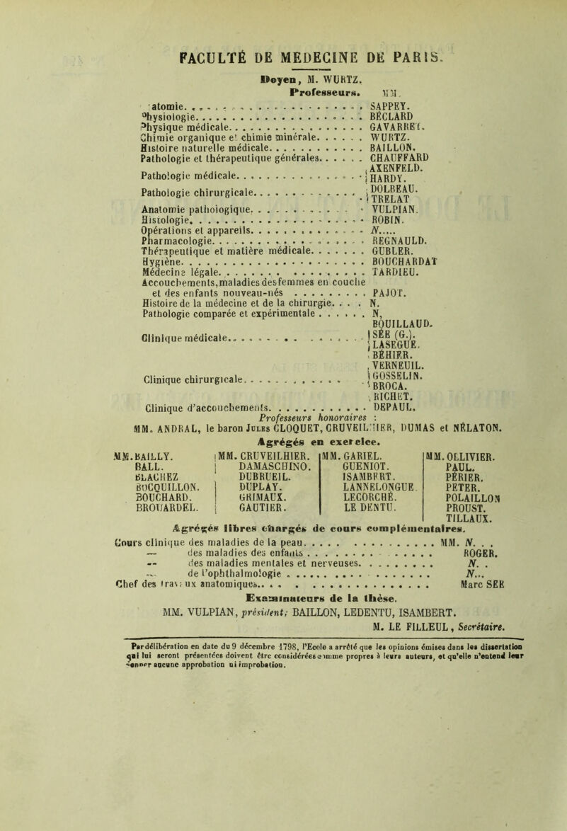 Moyen, M. WURTZ. Professeurs. )ÎM. 'atomie. . . - . - o - . . • - . SAPPEY. Physiologie BÉCLARD Physique médicale 6AVARREY. Chimie organique e* chimie minérale. ..... WURTZ. Histoire naturelle médicale BAILLON. Pathologie et thérapeutique générales CHAUFFARD ..... ..... (AXENFELD. Pathologie médicale. . . -jHARDY. Pathologie chirurgicale.. . . , _ j^pg^AT^ Anatomie patiioiogique. . . . . • VULPIAN. Histologie • ROBIN. Opérations et appareils N Pharmacologie REGNAULD. Thérapeutique et matière médicale GUBLER. Hygiène BOUCHARDAT Médecine légale. TARDIEU. Accouchements,maladies desfemmes en couche et des enfants nouveau-nés PAJOT. Histoire de la médecine et de la chirurgie. ... N. Pathologie comparée et expérimentale N, BOUILLAUD- médicale jffiSl‘8. , BÉHIER. VERNEUIL. Clinique chirurgicale ‘iBROCA^*^* , RICHET. Clinique d’accouchements DEPAUL. Professeurs honoraires ; MM. ANDRAL, le haron Joles CLOQUET, CRUVEIL’IIER, DUMAS et NÜLATON. Agrégés en exercice. MM.BAILLY. BALL. BLAGUEZ BüCQUILLON. BOUCHARD. BROTIARDEL. iMM. CRUVEILHIER. i DAMASGHINO. DUBRUEIL. DUPLAY. GRIMAUX. GAUTIER. MM.GARIEL. GUENIOT. ISAMBFRT. LANNELONGUE. LECORCHÉ. LE DENTÜ. MM.OELIVIER. PAUL. PÉRIER. PETER. POLAILLON PROUST. TILLAUX. Agrégés libres clhargés de cours complémentaires. Cours cllnicjue des maladies do la peau MM. iV. . . — des maladies des enfants ROGER. -- des maladies mentales et nerveuses tV. . de l’ophthalmologie N... Chef des »ra\Mix anatomiques.. . , Marc SEE Exaainaienrs de la thèse. MM. VÜLPIAN, présû/ent/ BAILLON, LEDENTÜ, ISAMBERT. M. LE FILLEUL, Secrétaire. Pirdélibération en date dn 9 décembre 1798, PEcoIe a arrêté que lea opinions émises dans Us dissertatioD qai loi seront présentées doivent être considérées eimme propres i leurs auteurs, et qu’elle n’eatend lear '•nner aucune approbation ni improbation.