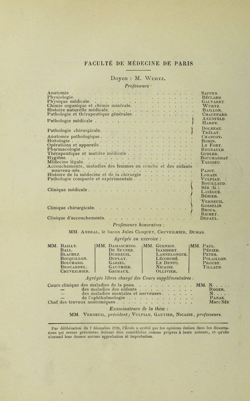 FACULTÉ DE MÉDECINE DE PARIS Doyen : M. Wurtz. Professeurs • Anatomie Physiologie Physique médicale Chimie organique et chimie minérale. . . Histoire naturelle médicale Pathologie et thérapeutique générales Pathologie médicale . . . j Pathologie chirurgicale j Anatomie pathologique Histologie Opérations et appareils Pharmacologie Thérapeutique et matière médicale Hygiène Médecine légale Accouchements, maladies des femmes en couche et des enfants nouveau-nés Histoire de la médecine et de la chirurgie Pathologie comparée et expérimentale Clinique médicale j Clinique chirurgicale. Clinique d’accouchements. Sappey. Béclard. Galvaret Wurtz. Bâillon. Chauffard Axenfeld. Hardy. Dolbeau. Trélat. Charcot. Robin. Le Fort. Regnauld. Gubler. Bouchardat Tardieu. Pajot. Lorain. VULPIAN. Bouillaud. Sée (G.). Lasègue. Béhier. Verneuil. Gosselin. Broca. Richet. Depaul. Professeurs honoraires : MM. Andral, le baron Jules Cloquet, Cruveilhier, Dumas. Agrégés en exercice : Bailly. MM. Damaschino. MM. Gueniot. MM. Paul. Ball. De Seynes. ISAMBERT. Périer. Blachez. Dubreuil. Lannelongue. Peter. Bocquillon. Duplay. Lécorché. POLAILLON. Bouchard. Gariel. Le Dentu. Proust. Brouardel. Gauthier. Nicaise. Tillaud. Cruveilhier. Grimaux. Ollivier. Agrégés libres chargé des Cours supplémentaires : Cours clinique des maladies de la peau MM. N — des maladies des enfants Roger. — des maladies mentales et nerveuses N — de l’ophthalmologie Panas. Chef des travaux anatomiques Marc Sée Examinateurs de la thèse : MM. Verneuil, président; Vulpian, Gautier, Nicaise, professeurs. Par délibération du 7 décembre 1798, l’École a arrêté que les opinions émises dans les disserta- tions qui seront présentées doivent être considérées comme propres à leurs auteurs, et qu’elle n’entend leur donner aucune approbation ni improbation.