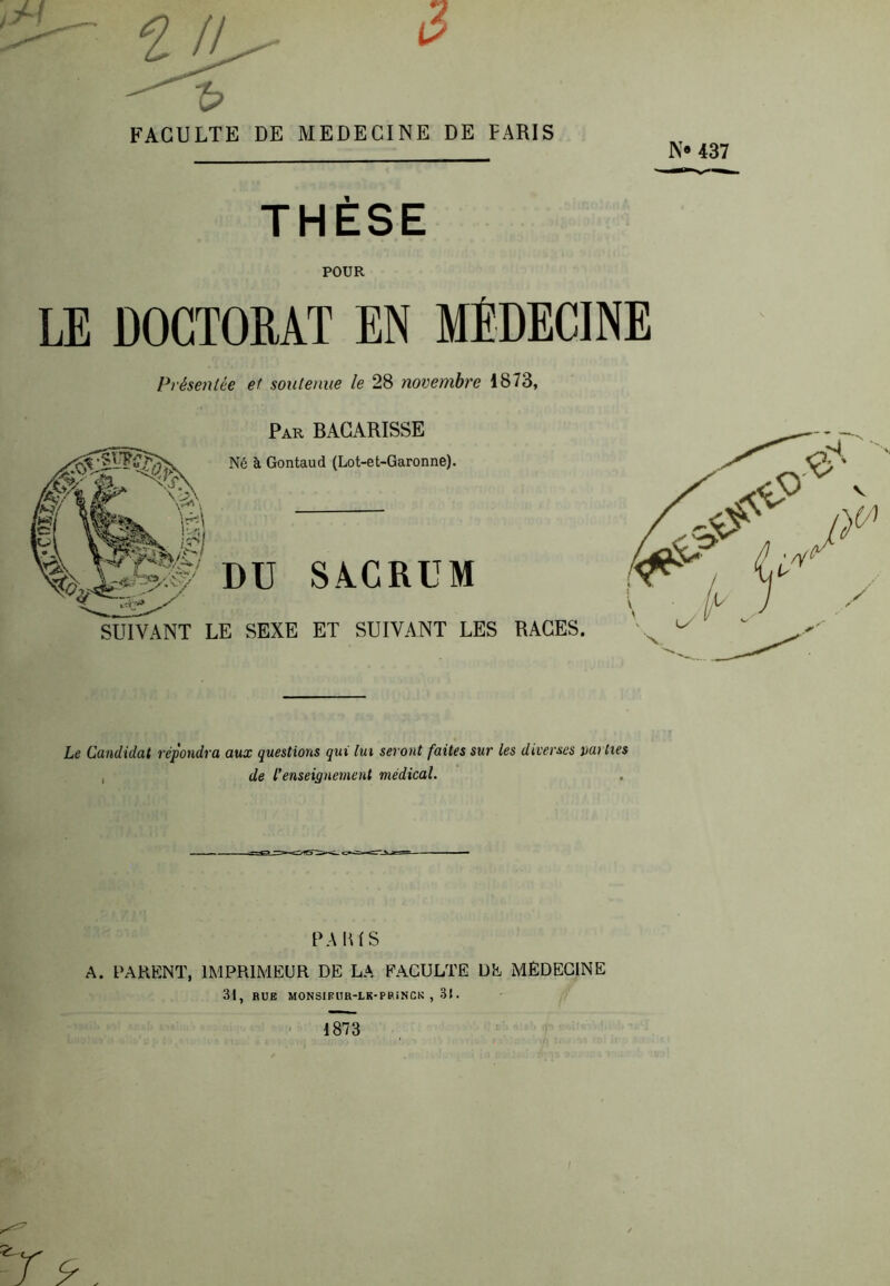 N« 437 THÈSE POUR LE DOCTORAT EN MÉDECINE Présentée et soutenue le 28 novembre 1873, Par BACARISSE Né à Gontaud (Lot-et-Garonne). DU SACRUM SUIVANT LE SEXE ET SUIVANT LES RACES. Le Candidat répondra aux questions qui lui seront faites sur les diverses itailles de l’enseignement médical. PARIS A. PARENT, IMPRIMEUR DE LA FACULTE DE MÉDECINE 31, RUE MONSIEUR-LK-PfUNCK , 31.