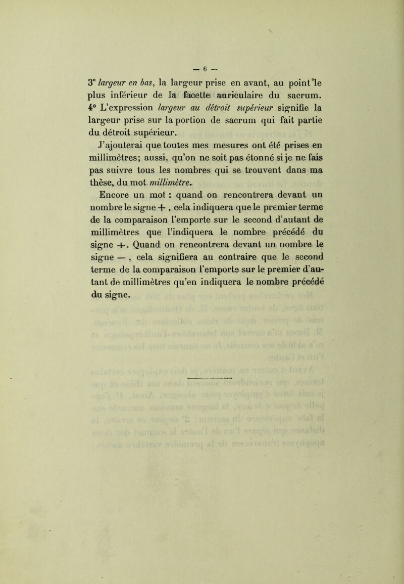 3° largeur en bas, la largeur prise en avant, au point *le plus inférieur de la facette auriculaire du sacrum. 4° L’expression largeur au détroit supérieur signifie la largeur prise sur la portion de sacrum qui fait partie du détroit supérieur. J’ajouterai que toutes mes mesures ont été prises en millimètres; aussi, qu’on ne soit pas étonné si je ne fais pas suivre tous les nombres qui se trouvent dans ma thèse, du mot millimètre. Encore un mot : quand on rencontrera devant un nombre le signe + , cela indiquera que le premier terme de la comparaison l’emporte sur le second d’autant de millimètres que l’indiquera le nombre précédé du signe +. Quand on rencontrera devant un nombre le signe — , cela signifiera au contraire que le second terme de la comparaison l’emporte sur le premier d’au- tant de millimètres qu’en indiquera le nombre précédé du signe.
