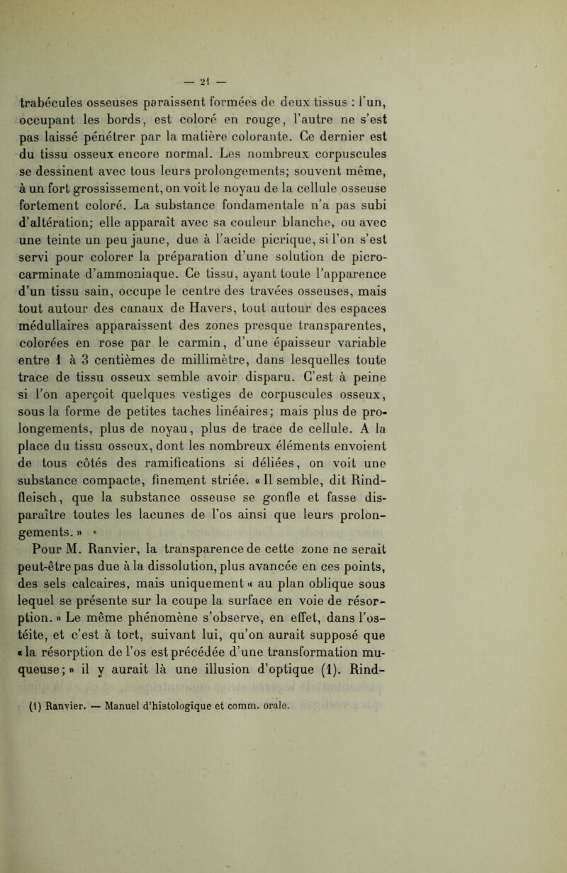 trabécules osseuses paraissent formées de deux tissus : l’un, occupant les bords, est coloré en rouge, l’autre ne s’est pas laissé pénétrer par la matière colorante. Ce dernier est du tissu osseux encore normal. Les nombreux corpuscules se dessinent avec tous leurs prolongements; souvent même, à un fort grossissement, on voit le noyau de la cellule osseuse fortement coloré. La substance fondamentale n’a pas subi d’altération; elle apparaît avec sa couleur blanche, ou avec une teinte un peu jaune, due à l’acide picrique, si l'on s’est servi pour colorer la préparation d’une solution de picro- carminate d’ammoniaque. Ce tissu, ayant toute l’apparence d’un tissu sain, occupe le centre des travées osseuses, mais tout autour des canaux de Havers, tout autour des espaces médullaires apparaissent des zones presque transparentes, colorées en rose par le carmin, d’une épaisseur variable entre 1 à 3 centièmes de millimètre, dans lesquelles toute trace de tissu osseux semble avoir disparu. C’est à peine si l’on aperçoit quelques vestiges de corpuscules osseux, sous la forme de petites taches linéaires; mais plus de pro- longements, plus de noyau, plus de trace de cellule. A la place du tissu osseux, dont les nombreux éléments envoient de tous côtés des ramifications si déliées, on voit une substance compacte, finement striée. «Il semble, dit Rind- fleisch, que la substance osseuse se gonfle et fasse dis- paraître toutes les lacunes de l’os ainsi que leurs prolon- gements. » • Pour M. Ranvier, la transparence de cette zone ne serait peut-être pas due à la dissolution, plus avancée en ces points, des sels calcaires, mais uniquement « au plan oblique sous lequel se présente sur la coupe la surface en voie de résor- ption. » Le même phénomène s’observe, en effet, dans l’os- téite, et c’est à tort, suivant lui, qu’on aurait supposé que «la résorption de l’os est précédée d’une transformation mu- queuse;» il y aurait là une illusion d’optique (1). Rind- (I) Ranvier. — Manuel d’histologique et comm. orale.