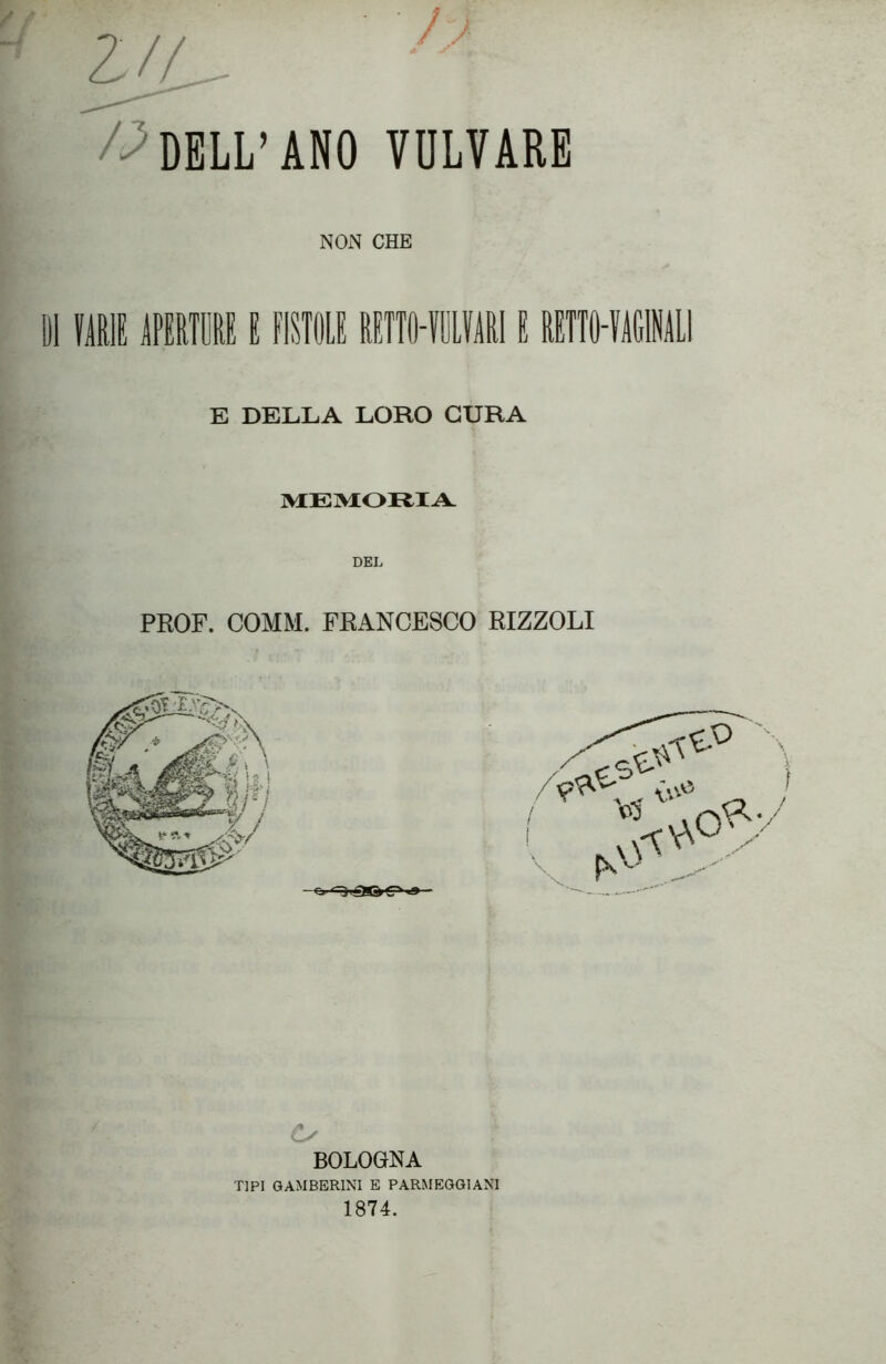 /^DELL’ANO VULVARE NON CHE DI VARIE APERTURE E FISTOLE RETTO-TIMI E RETTO-VAGHI E DELLA LORO CURA MEMORIA DEL PROF. COMM. FRANCESCO RIZZOLI BOLOGNA TIPI GAMBERINI E PARMEGGIANI 1874.