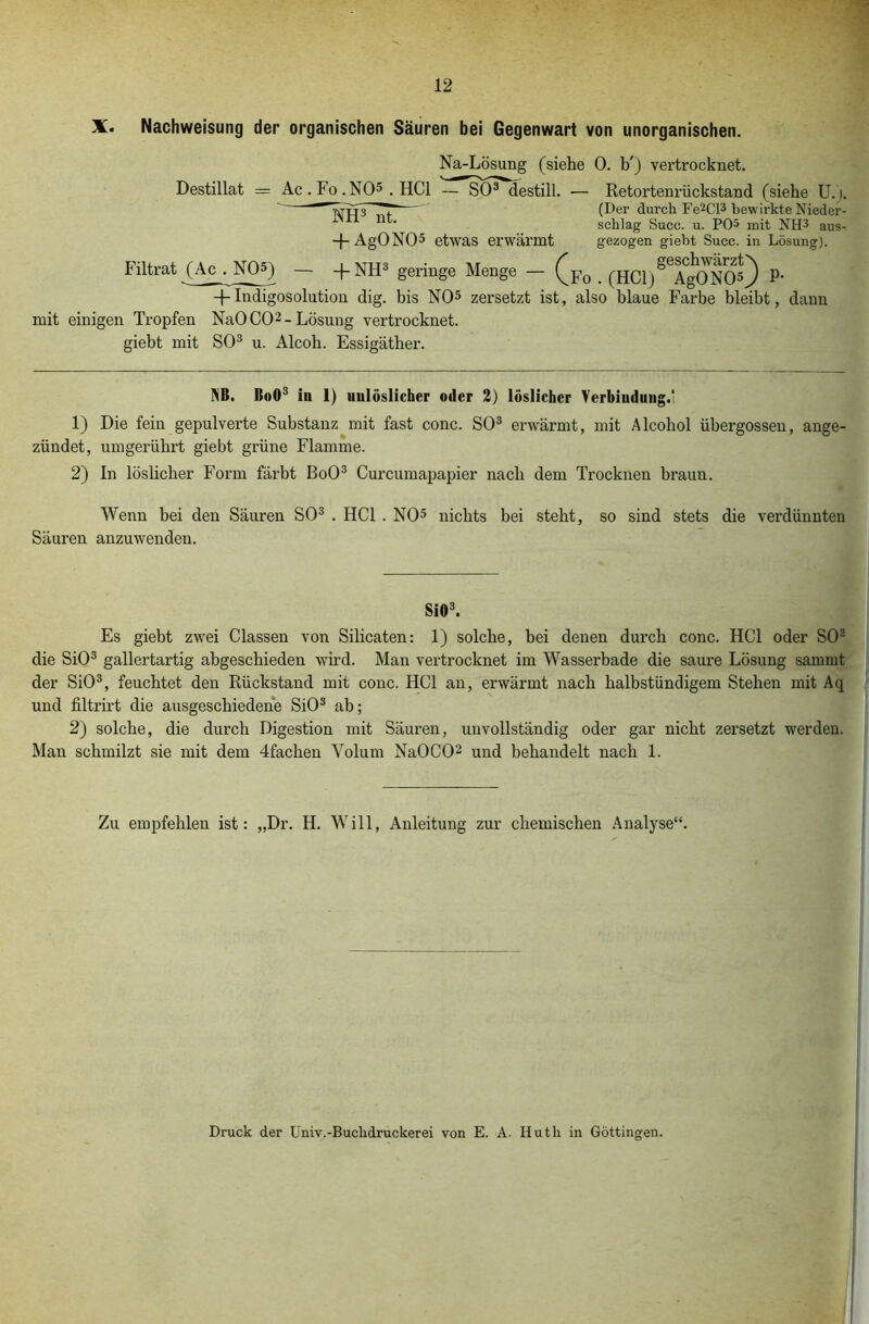 X. Nachweisung der organischen Säuren bei Gegenwart von unorganischen. Na-Lösung (siehe 0. b') vertrocknet. Destillat = Ac . Fo .NO5 . HCl — SO3 destill. — Retortenrückstand (siehe U. i. '  1VTT3 t” (Der durch Fe^Cl3 bewirkte Nieder- nt‘ schlag Succ. u. P05 mit NH3 aus- + Ag ONO5 etwas erwärmt gezogen giebt Succ. in Lösung). Filtrat (Ac . NO5) — + NH3 geringe Menge — (fo . (HClj^AgONO5) p’ + Indigosolution dig. bis NO5 zersetzt ist, also blaue Farbe bleibt, dann mit einigen Tropfen NaOCO* 1 2-Lösung vertrocknet, giebt mit SO3 u. Alcoh. Essigäther. NB. BoO3 in 1) unlöslicher oder 2) löslicher Verbindung.! 1) Die fein gepulverte Substanz mit fast conc. SO3 erwärmt, mit Alcohol übergossen, ange- zündet, umgerührt giebt grüne Flamme. 2) In löslicher Form färbt BoO3 Curcumapapier nach dem Trocknen braun. Wenn bei den Säuren SO3 . HCl . NO5 nichts bei steht, so sind stets die verdünnten Säuren anzuwenden. SiO3. Es giebt zwei Classen von Silicaten: 1) solche, bei denen durch conc. HCl oder SO3 die SiO3 gallertartig abgeschieden wird. Man vertrocknet im Wasserbade die saure Lösung sammt der SiO3, feuchtet den Rückstand mit conc. HCl an, erwärmt nach halbstündigem Stehen mit Aq und filtrirt die ausgeschiedene SiO3 ab; 2) solche, die durch Digestion mit Säuren, unvollständig oder gar nicht zersetzt werden. Man schmilzt sie mit dem 4fachen Volum NaOCO2 und behandelt nach 1. Zu empfehlen ist: „Dr. H. Will, Anleitung zur chemischen Analyse“. Druck der Univ.-Buchdruckerei von E. A. Hutli in Göttingen.