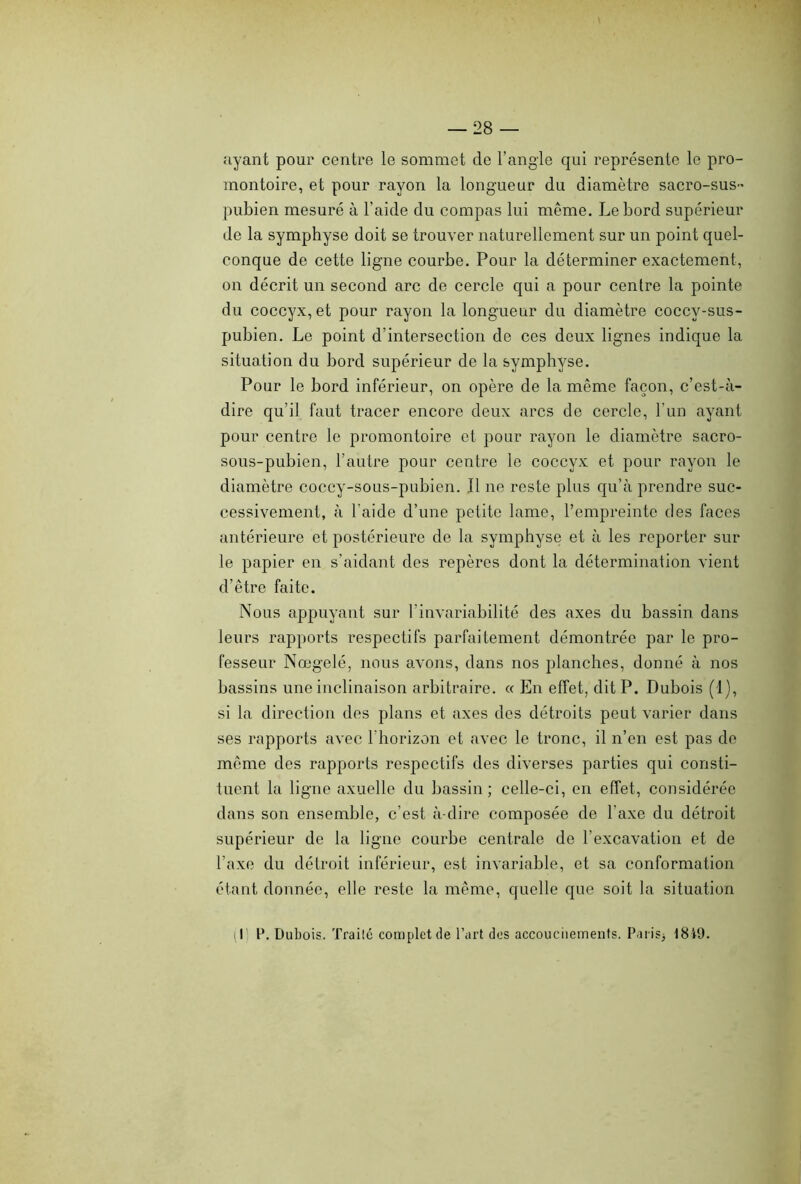 ayant pour centre le sommet de l’angle qui représente le pro- montoire, et pour rayon la longueur du diamètre sacro-sus- pubien mesuré à l’aide du compas lui même. Le bord supérieur de la symphyse doit se trouver naturellement sur un point quel- conque de cette ligne courbe. Pour la déterminer exactement, on décrit un second arc de cercle qui a pour centre la pointe du coccyx, et pour rayon la longueur du diamètre coccv-sus- pubien. Le point d’intersection de ces deux lignes indique la situation du bord supérieur de la symphyse. Pour le bord inférieur, on opère de la même façon, c’est-à- dire qu’il faut tracer encore deux arcs de cercle, l’un ayant pour centre le promontoire et pour rayon le diamètre sacro- sous-pubien, l’autre pour centre le coccyx et pour rayon le diamètre cocey-sous-pubien. Il ne reste plus qu’à prendre suc- cessivement, à l’aide d’une petite lame, l’empreinte des faces antérieure et postérieure de la symphyse et à les reporter sur le papier en s’aidant des repères dont la détermination vient d’être faite. Nous appuyant sur l’invariabilité des axes du bassin dans leurs rapports respectifs parfaitement démontrée par le pro- fesseur Nœgelé, nous avons, dans nos planches, donné à nos bassins une inclinaison arbitraire. « En effet, dit P. Dubois (1), si la direction des plans et axes des détroits peut varier dans ses rapports avec l'horizon et avec le tronc, il n’en est pas de même des rapports respectifs des diverses parties qui consti- tuent la ligne axuelle du bassin; celle-ci, en effet, considérée dans son ensemble, c’est à-dire composée de l'axe du détroit supérieur de la ligne courbe centrale de l’excavation et de l’axe du détroit inférieur, est invariable, et sa conformation étant donnée, elle reste la même, quelle que soit la situation (I'; P. Dubois. Traité complet de l’art des accouciiements. Paris; I8t9.