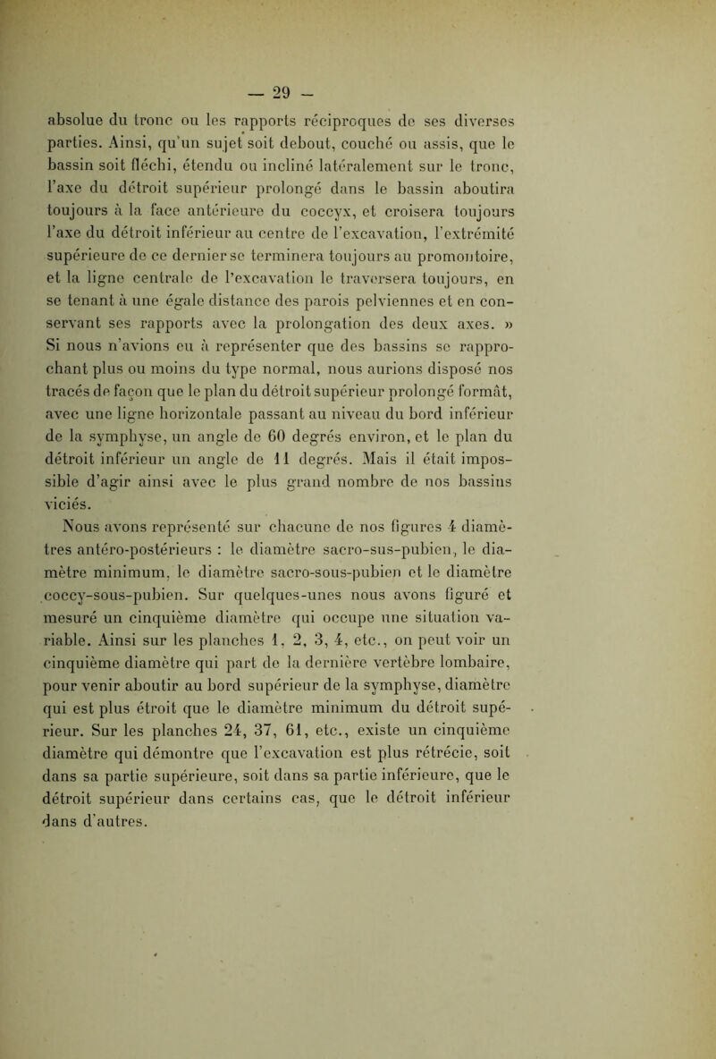 absolue du tronc ou les rapports réciproques de ses diverses parties. Ainsi, qunn sujet soit debout, couche ou assis, que le bassin soit fléchi, étendu ou incliné latéralement sur le tronc, l’axe du détroit supérieur prolongé dans le bassin aboutira toujours à la face antérieure du coccyx, et croisera toujours l’axe du détroit inférieur au centre de l’excavation, l’extrémité supérieure de ce dernier se terminera toujours au promontoire, et la ligne centrale de l’excavation le traversera toujours, en se tenant à une égale distance des parois pelviennes et en con- servant ses rapports avec la prolongation des deux axes. » Si nous n’avions eu à représenter que des bassins se rappro- chant plus ou moins du type normal, nous aurions disposé nos tracés de façon que le plan du détroit supérieur prolongé format, avec une ligne horizontale passant au niveau du bord inférieur de la symphyse, un angle de 60 degrés environ, et le plan du détroit inférieur un angle de 11 degrés. Mais il était impos- sible d’agir ainsi avec le plus grand nombre de nos bassins viciés. Nous avons représenté sur chacune de nos figures 4 diamè- tres antéro-postérieurs : le diamètre sacro-sus-pubien, le dia- mètre minimum, le diamètre sacro-sous-pubien et le diamètre coccy-sous-pubien. Sur quelques-unes nous avons figuré et mesuré un cinquième diamètre qui occupe une situation va- riable. Ainsi sur les planches 1. 2, 3, 4, etc., on peut voir un cinquième diamètre qui part de la dernière vertèbre lombaire, pour venir aboutir au bord supérieur de la symphyse, diamètre qui est plus étroit que le diamètre minimum du détroit supé- rieur. Sur les planches 24, 37, 61, etc., existe un cinquième diamètre qui démontre que l’excavation est plus rétrécie, soit dans sa partie supérieure, soit dans sa partie inférieure, que le détroit supérieur dans certains cas, que le détroit inférieur dans d'autres.