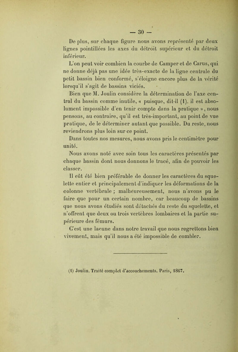 — 30- De plus, sur chaque figure nous avons représenté par deux lignes pointillées les axes du détroit supérieur et du détroit inférieur. L’on peut voir combien la courbe de Camper et de Carus, qui ne donne déjà pas une idée très-exacte de la ligne centrale du petit bassin bien conformé, s’éloigne encore plus de la vérité lorsqu’il s’agit de bassins viciés. Bien que M. Joulin considère la détermination de l’axe cen- tral du bassin comme inutile, « puisque, dit-il (1). il est abso- lument impossible d’en tenir compte dans la pratique », nous pensons, au contraire, qu’il est très-important, au point de vue pratique, de le déterminer autant que possible. Du reste, nous reviendrons plus loin sur ce point. Dans toutes nos mesures, nous avons pris le centimètre pour unité. Nous avons noté avec soin tous les caractères présentés par chaque bassin dont nous donnons le tracé, afin de pouvoir les classer. Il eût été bien préférable de donner les caractères du sque- lette entier et principalement d’indiquer les déformations de la colonne vertébrale ; malheureusement, nous n’avons pu le faire que pour un certain nombre, car beaucoup de bassins que nous avons étudiés sont détachés du reste du squelette, et n’offrent que deux ou trois vertèbres lombaires et la partie su- périeure des fémurs. C’est une lacune dans notre travail que nous regrettons bien vivement, mais qu’il nous a été impossible de combler. (1) Joulin. Traité complet d’accouchements. Paris, 1867.