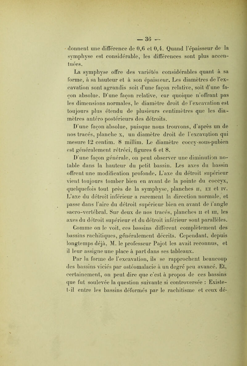 donnent une différence de 0,6 et 0,4. Quand l’épaisseur de la symphyse est considérable, les différences sont plus accen- tuées. La symphyse offre des variétés considérables quant à sa forme, à sa hauteur et à son épaisseur. Les diamètres de l’ex- cavation sont agrandis soit d’une façon relative, soit d’une fa- çon absolue. D’une façon relative, car quoique n’offrant pas les dimensions normales, le diamètre droit de l’excavation est toujours plus étendu de plusieurs centimètres que les dia- mètres antéro postérieurs des détroits. D’une façon absolue, puisque nous trouvons, d’après un de nos tracés, planche x, un diamètre droit de l'excavation qui mesure 12 centim. 8 millim. Le diamètre coccy-sous-pubien est généralement rétréci, figures 6 et 8. D’une façon générale, on peut observer une diminution no- table dans la hauteur du petit bassin. Les axes du bassin offrent une modification profonde. L’axe du détroit supérieur vient toujours tomber bien en avant de la pointe du coccyx, quelquefois tout près de la symphyse, planches ii, i:i et iv. L’axe du détroit inférieur a rarement la direction normale, et passe dans l’aire du détroit supérieur bien en avant de l’angle sacro-vertébral. Sur deux de nos tracés, planches n et m, les axes du détroit supérieur et du détroit inférieur sont parallèles. Comme on le voit, ces bassins diffèrent complètement des bassins rachitiques, généralement décrits. Cependant, depuis longtemps déjà, M. le professeur Pajot les avait reconnus, et il leur assigne une place à part dans ses tableaux. Par la forme de l’excavation, ils se rapprochent beaucoup des bassins viciés par ostéomalacie à un degré peu avancé. Et, certainement, on peut dire que c’est à propos de ces bassins que fut soulevée la question suivante si controversée : Existe- t-il entre les bassins déformés par le rachitisme et ceux dé-