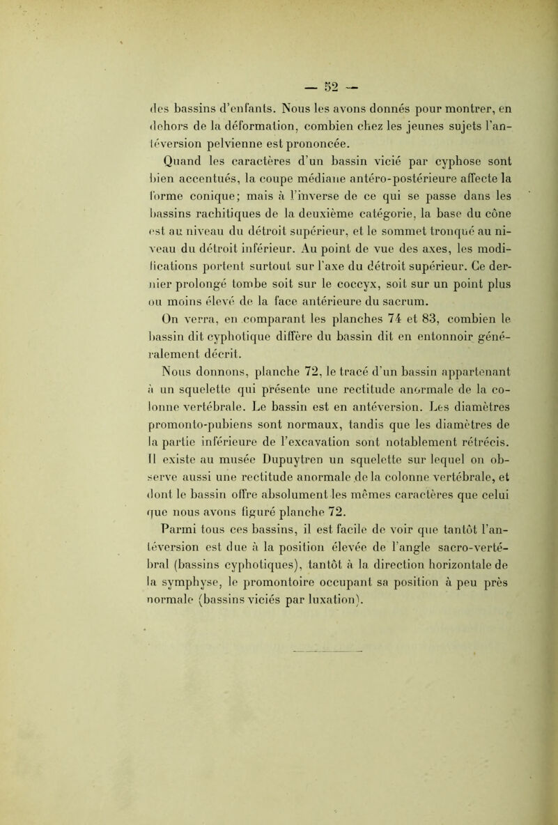 des bassins d’enfants. Nous les avons donnés pour montrer, en dehors de la déformation, combien chez les jeunes sujets l'an- téversion pelvienne est prononcée. Quand les caractères d’un bassin vicié par cyphose sont bien accentués, la coupe médiane antéro-postérieure affecte la forme conique; mais à. l’inverse de ce qui se passe dans les bassins rachitiques de la deuxième catégorie, la base du cône est au niveau du détroit supérieur, et le sommet tronqué au ni- veau du détroit inférieur. Au point de vue des axes, les modi- fications portent surtout sur l'axe du détroit supérieur. Ce der- nier prolongé tombe soit sur le coccyx, soit sur un point plus ou moins élevé de la face antérieure du sacrum. On verra, en comparant les planches 74 et 83, combien le bassin dit cyphotique diffère du bassin dit en entonnoir géné- ralement décrit. Nous donnons, planche 72, le tracé d’un bassin appartenant à un squelette qui présente une rectitude anormale de la co- lonne vertébrale. Le bassin est en antéversion. Les diamètres promonto-pubiens sont normaux, tandis que les diamètres de la partie inférieure de l’excavation sont notablement rétrécis. 11 existe au musée Dupuytren un squelette sur lequel on ob- serve aussi une rectitude anormale de la colonne vertébrale, et dont le bassin offre absolument les mêmes caractères que celui que nous avons figuré planche 72. Parmi tous ces bassins, il est facile de voir que tantôt l’an- téversion est due à la position élevée de l’angle sacro-verté- bral (bassins cyphotiques), tantôt à la direction horizontale de la symphyse, le promontoire occupant sa position à peu près normale (bassins viciés par luxation).