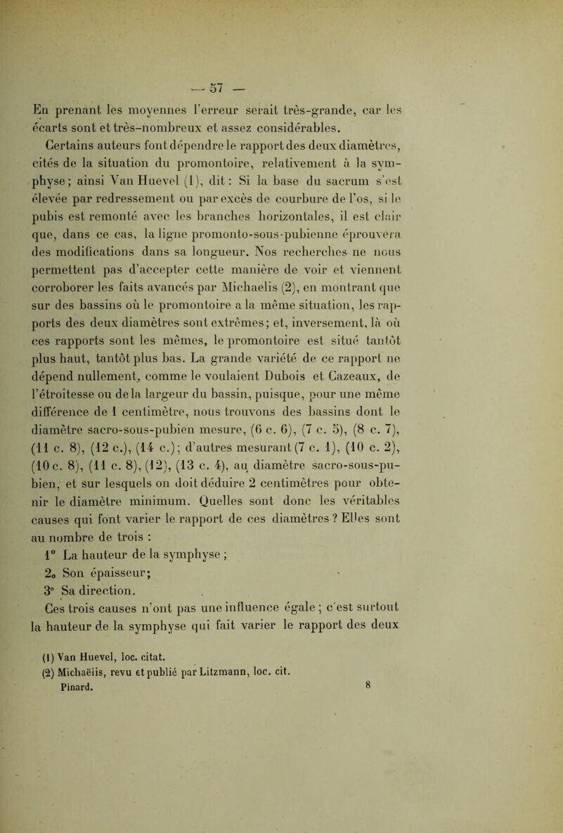 En prenant les moyennes l’erreur serait très-grande, car les écarts sont et très-nombreux et assez considérables. Certains auteurs font dépendre le rapport des deux diamètres, cités de la situation du promontoire, relativement à la sym- physe; ainsi Van Huevel (1), dit: Si la base du sacrum s’est élevée par redressement ou par excès de courbure de l’os, si le pubis est remonté avec les branches horizontales, il est clair que, dans ce cas, la ligne promonto-sous-pubienne éprouvera des modifications dans sa longueur. Nos recherches ne nous permettent pas d’accepter cette manière de voir et viennent corroborer les faits avancés par Michaelis (2), en montrant que sur des bassins où le promontoire a la même situation, les rap- ports des deux diamètres sont extrêmes; et, inversement, là où ces rapports sont les mêmes, le promontoire est situé tantôt plus haut, tantôt plus bas. La grande variété de ce rapport ne dépend nullement, comme le voulaient Dubois et Cazeaux, de l’étroitesse ou delà largeur du bassin, puisque, pour une même différence de 1 centimètre, nous trouvons des bassins dont le diamètre sacro-sous-pubien mesure, (6 c. 6), (7 c. 5), (8 c. 7), (11 c. 8), (12 c.), (14 c.); d’autres mesurant(7 c. 1), (10 c. 2), (10 c. 8), (11 c. 8), (12), (13 c. 4), au diamètre sacro-sous-pu- bien, et sur lesquels on doit déduire 2 centimètres pour obte- nir le diamètre minimum. Quelles sont donc les véritables causes qui font varier le rapport de ces diamètres? Elles sont au nombre de trois : 1° La hauteur de la symphyse ; 20 Son épaisseur; 3 Sa direction. Ces trois causes n’ont pas une influence égale ; c'est surtout la hauteur de la symphyse qui fait varier le rapport des deux (1) Van Huevel, loc. citât. (2) Micliaëiis, revu et publié parLitzmann, loc. cit.